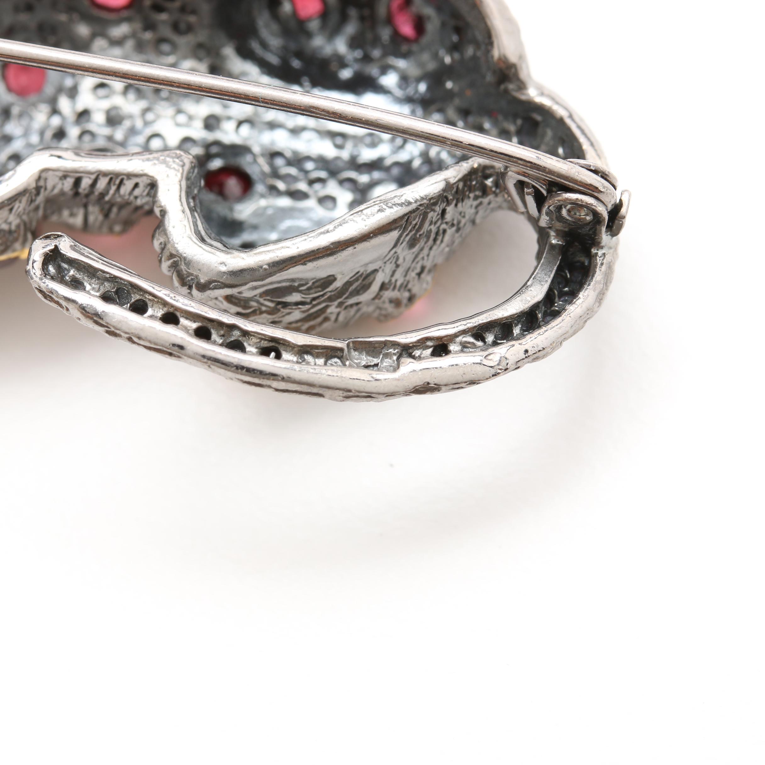 Sterling Silver Garnet Exotic Cat Brooch with Gold Wash Accents