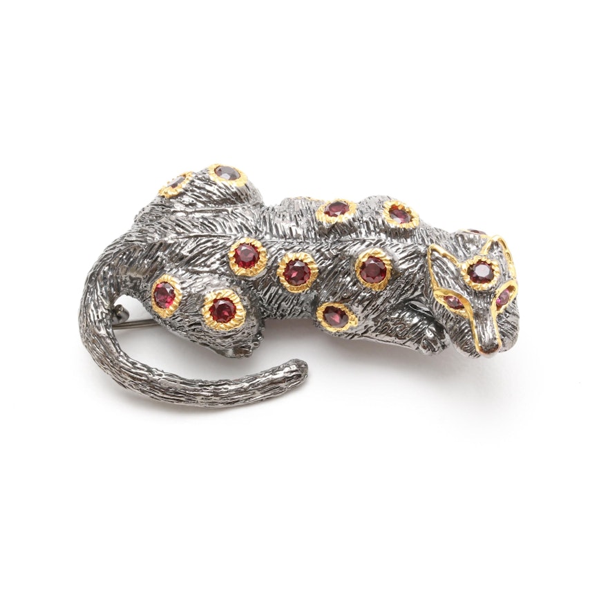 Sterling Silver Garnet Exotic Cat Brooch with Gold Wash Accents