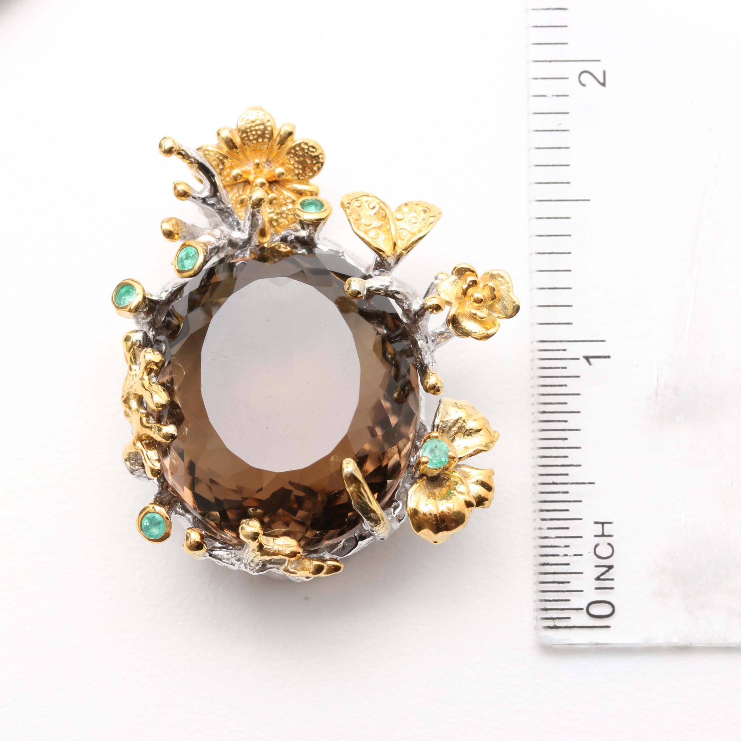 Sterling Silver Multi-Gemstone Floral Ring and Pendant With Smoky Quartz