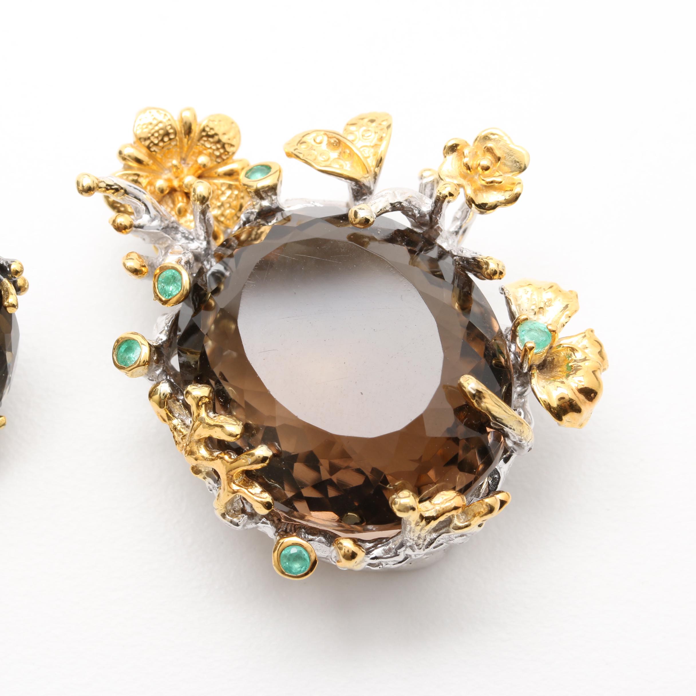 Sterling Silver Multi-Gemstone Floral Ring and Pendant With Smoky Quartz