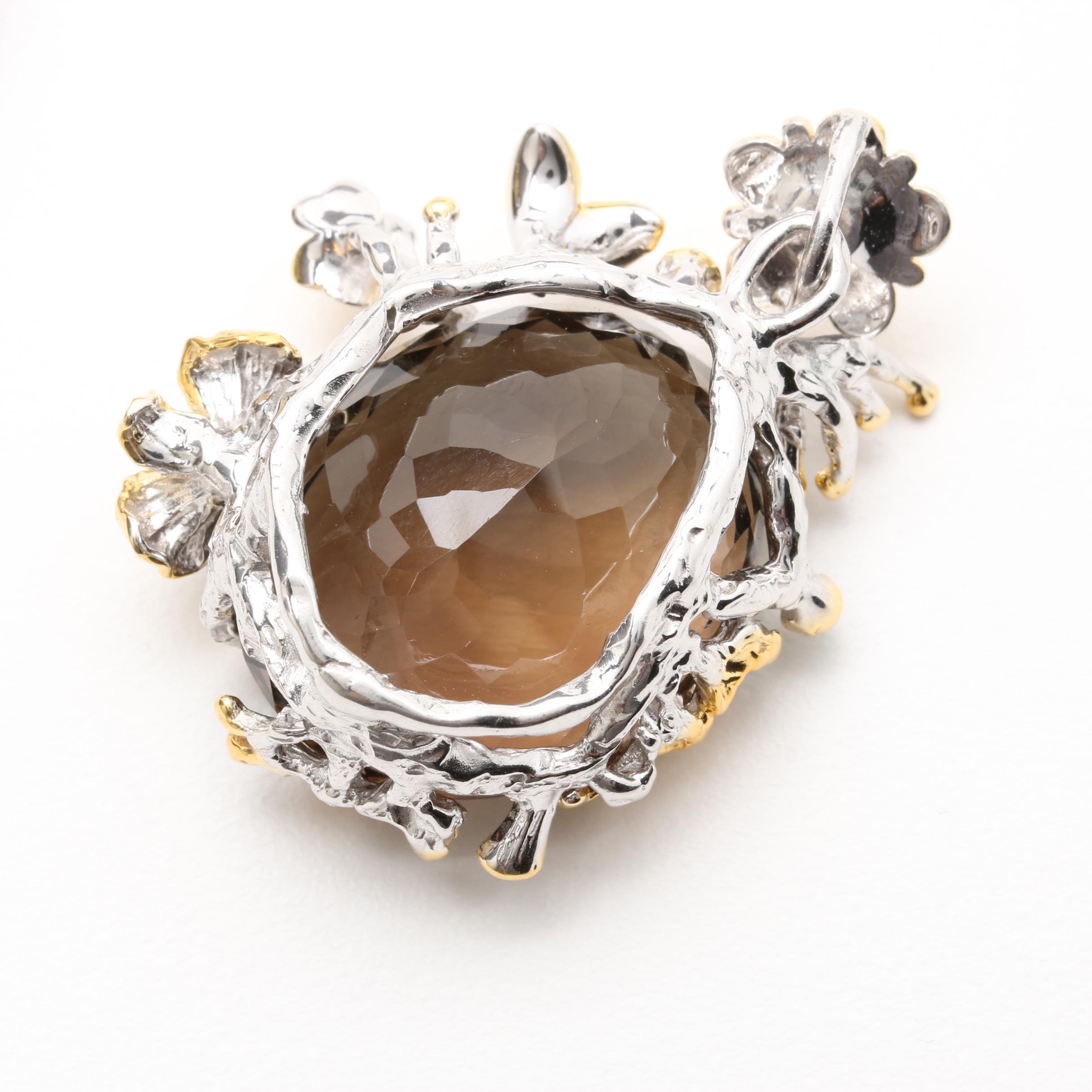 Sterling Silver Multi-Gemstone Floral Ring and Pendant With Smoky Quartz