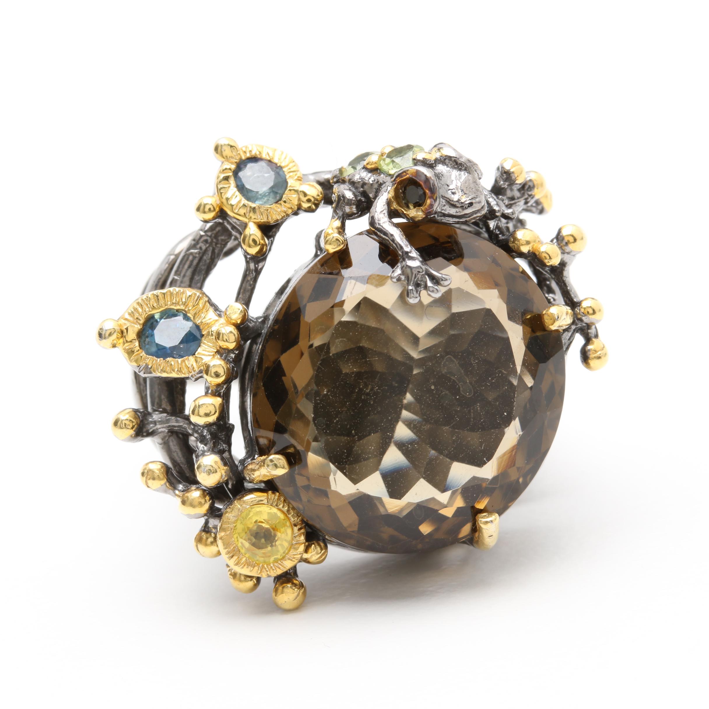 Sterling Silver Multi-Gemstone Floral Ring and Pendant With Smoky Quartz