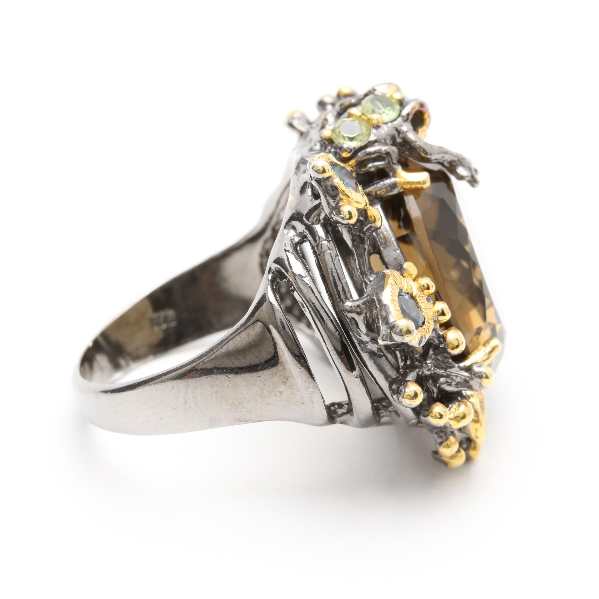 Sterling Silver Multi-Gemstone Floral Ring and Pendant With Smoky Quartz