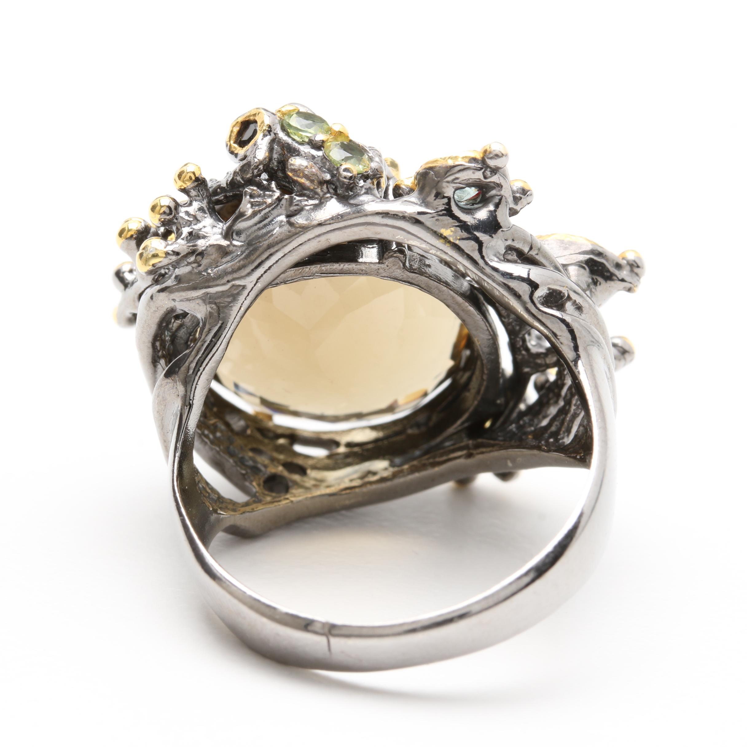 Sterling Silver Multi-Gemstone Floral Ring and Pendant With Smoky Quartz