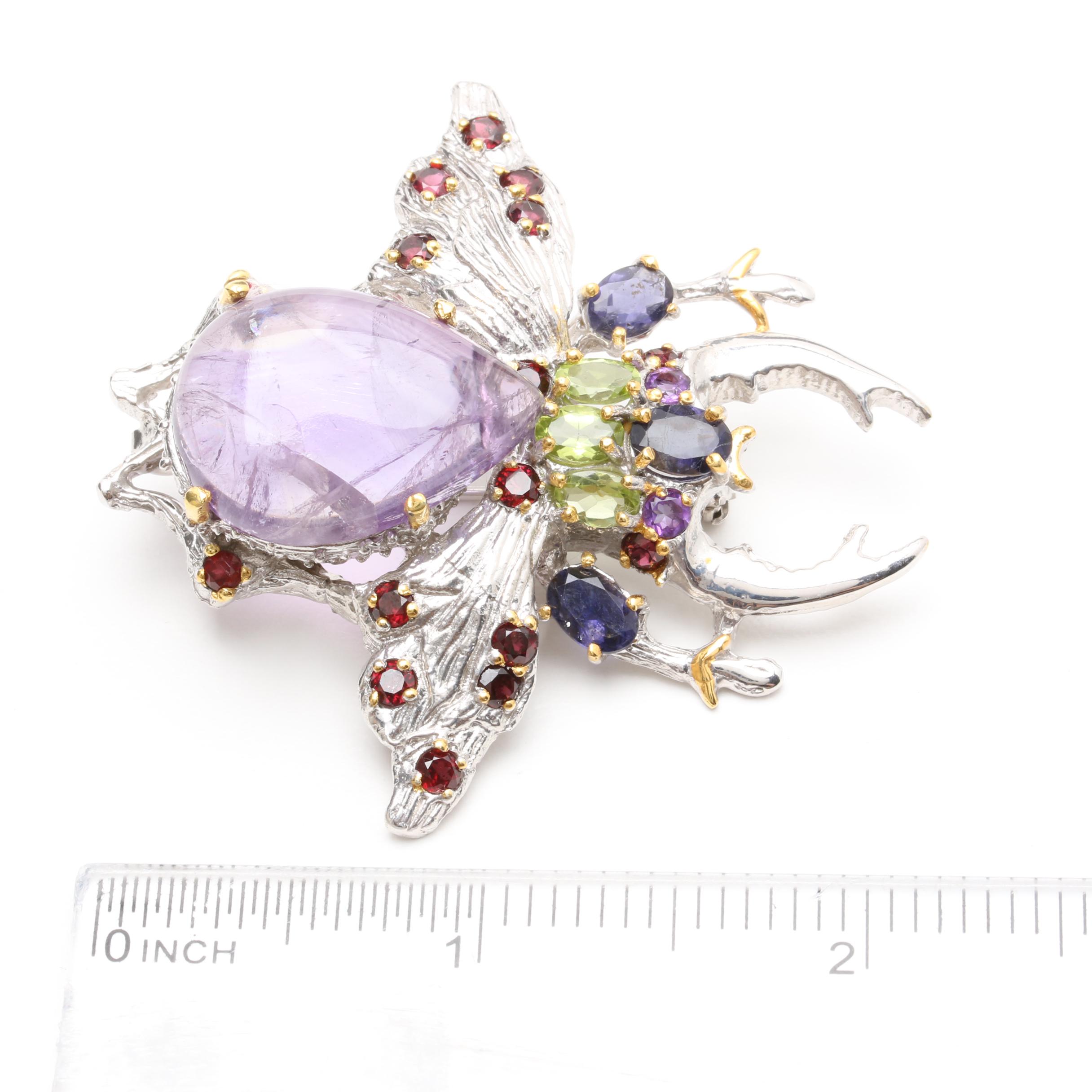 Sterling Silver Amethyst and Gemstone Beetle Brooch