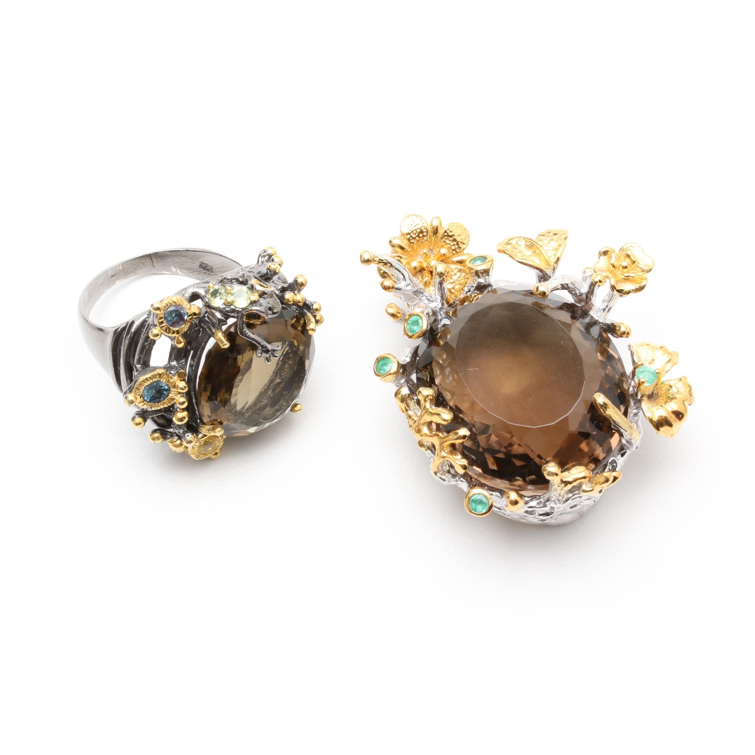 Sterling Silver Multi-Gemstone Floral Ring and Pendant With Smoky Quartz