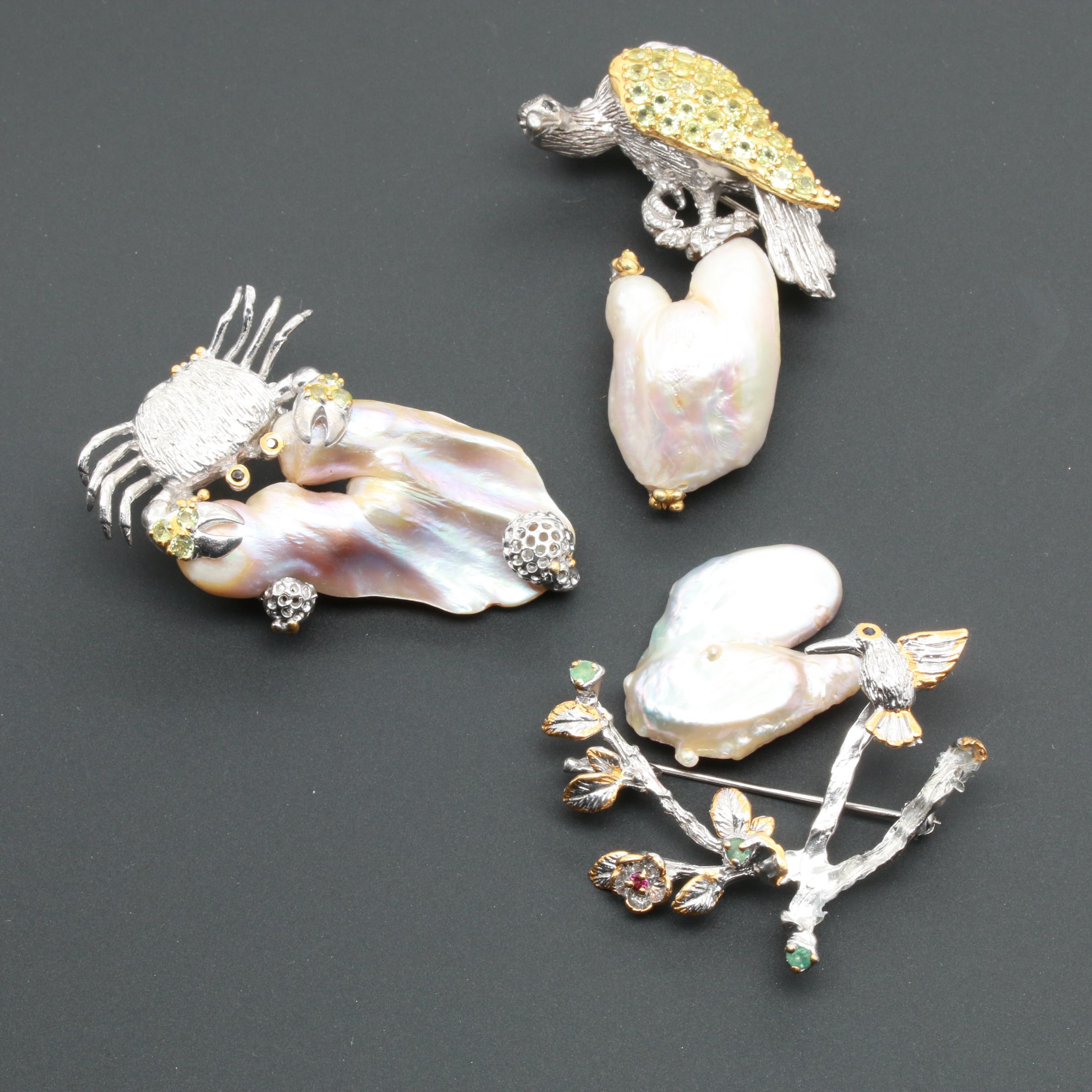 Sterling Silver Cultured Pearl and Gemstone Brooch Assortment