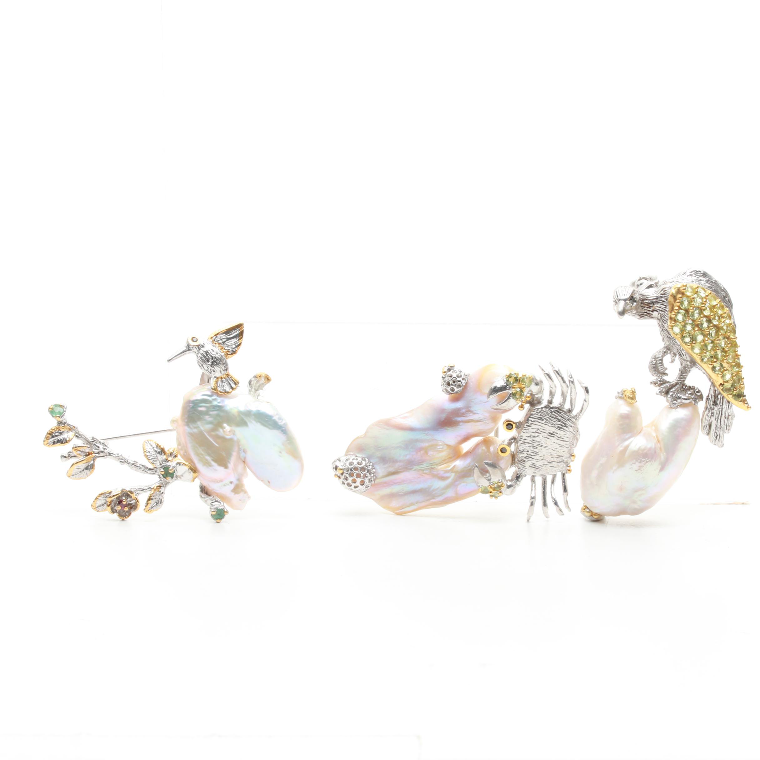 Sterling Silver Cultured Pearl and Gemstone Brooch Assortment