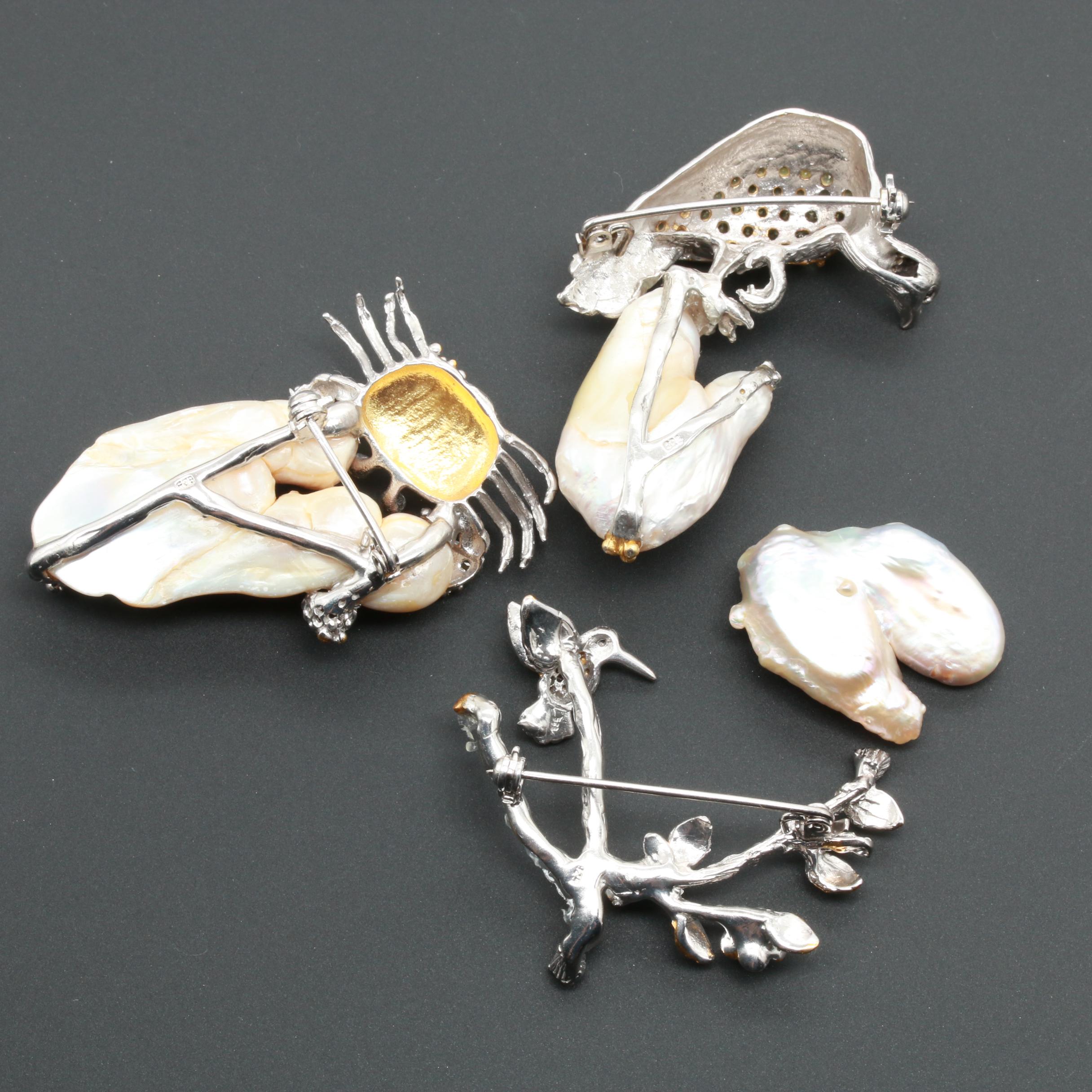 Sterling Silver Cultured Pearl and Gemstone Brooch Assortment