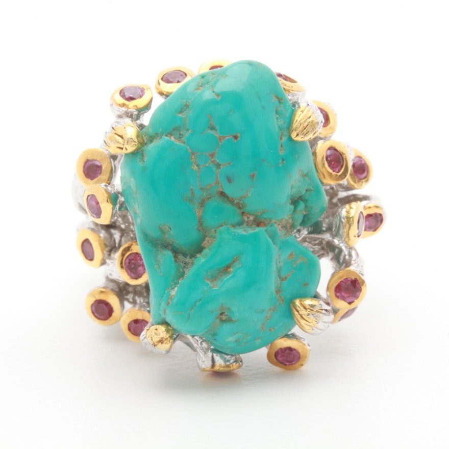 Sterling Silver Turquoise and Garnet Ring with Gold Wash Accents