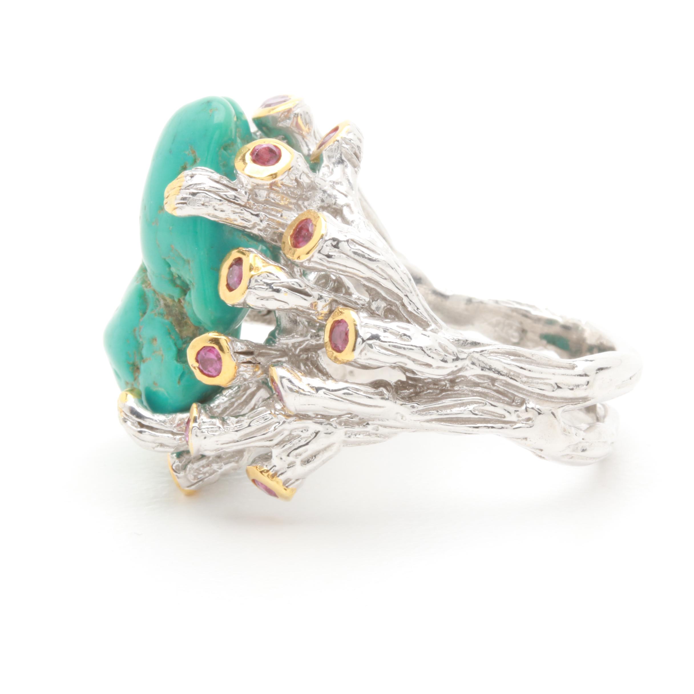 Sterling Silver Turquoise and Garnet Ring with Gold Wash Accents