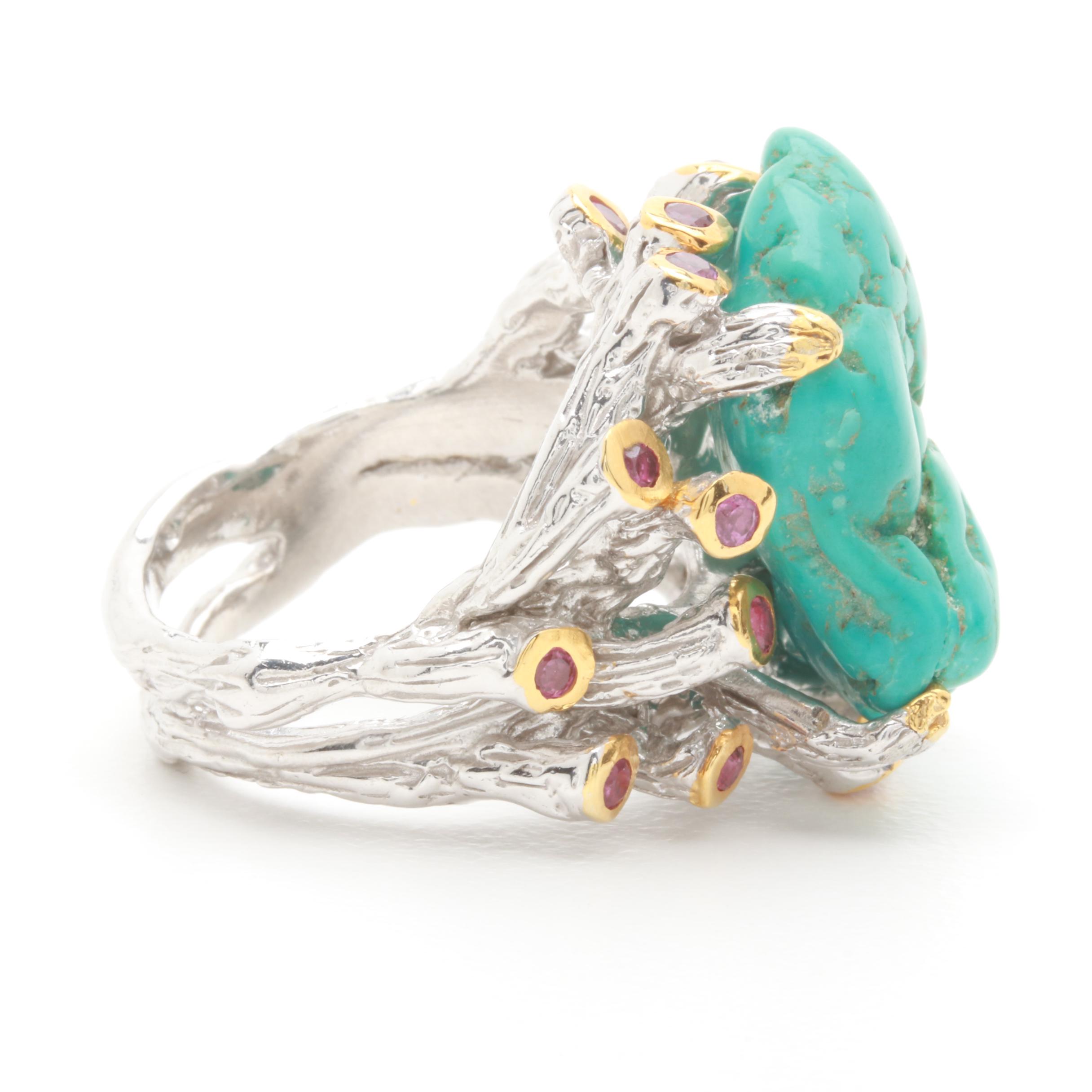Sterling Silver Turquoise and Garnet Ring with Gold Wash Accents