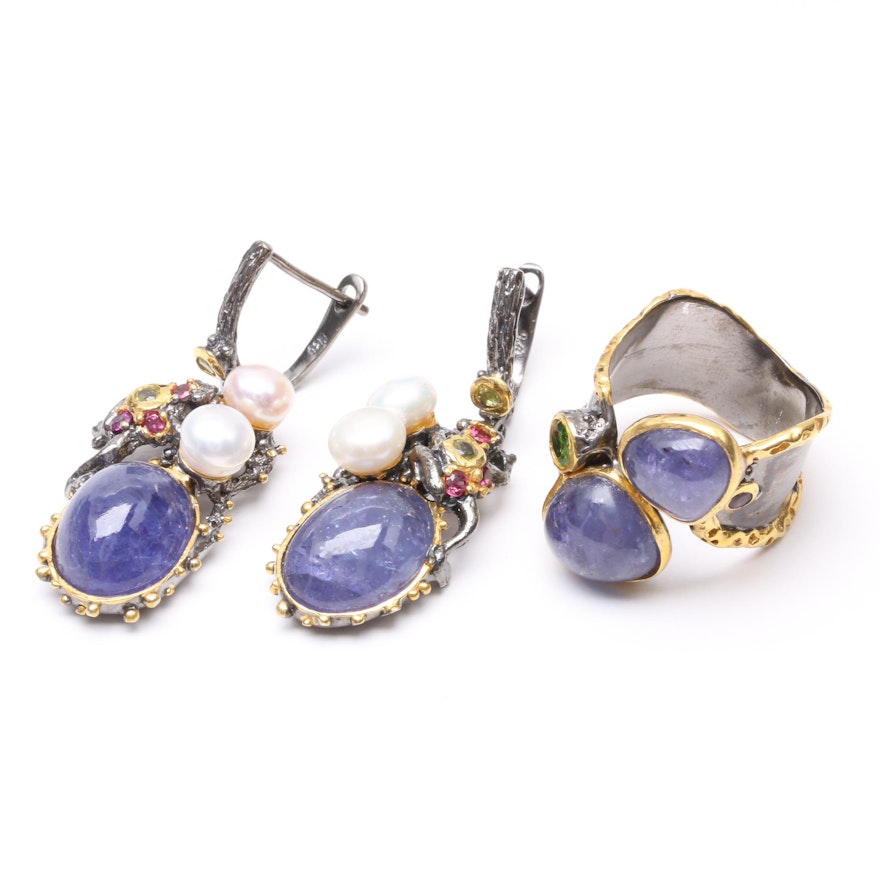 Sterling Silver Tanzanite and Other Gemstone Ring and Earrings