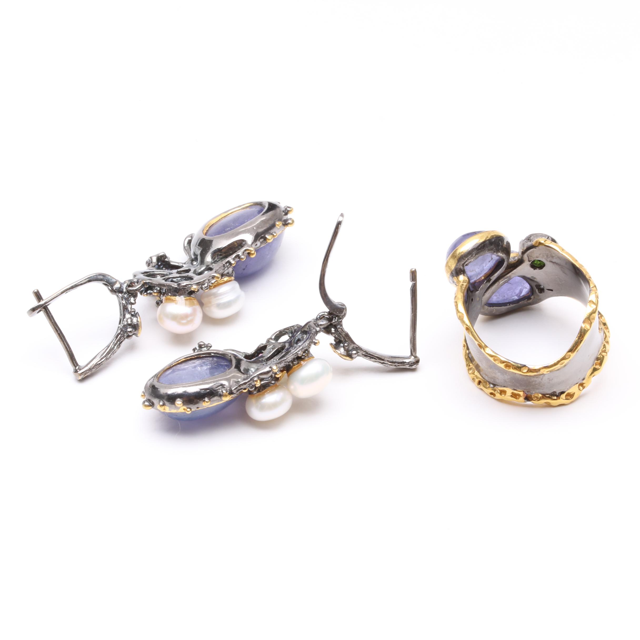 Sterling Silver Tanzanite and Other Gemstone Ring and Earrings