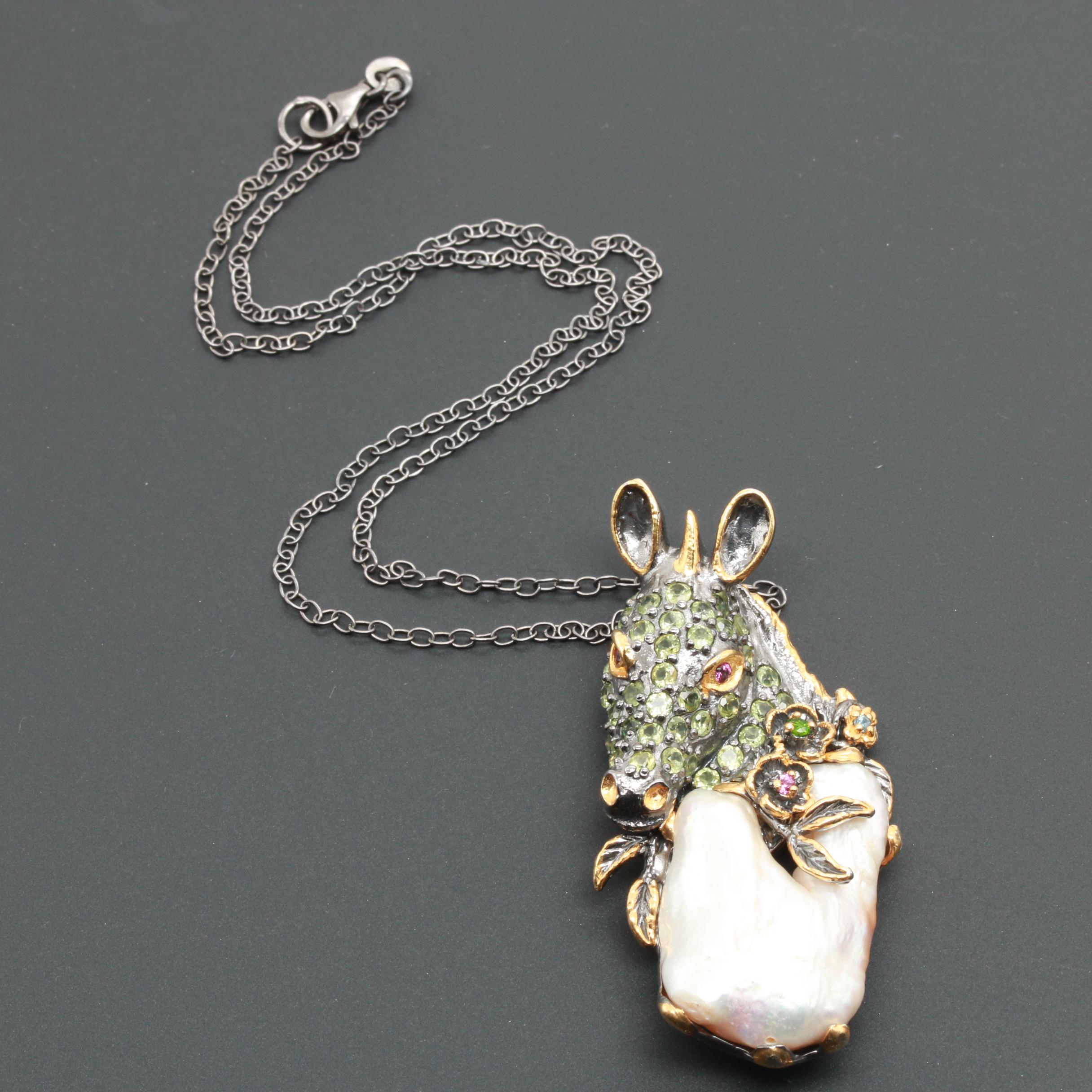 Sterling Silver Cultured Pearl and Gemstone Figural Necklace