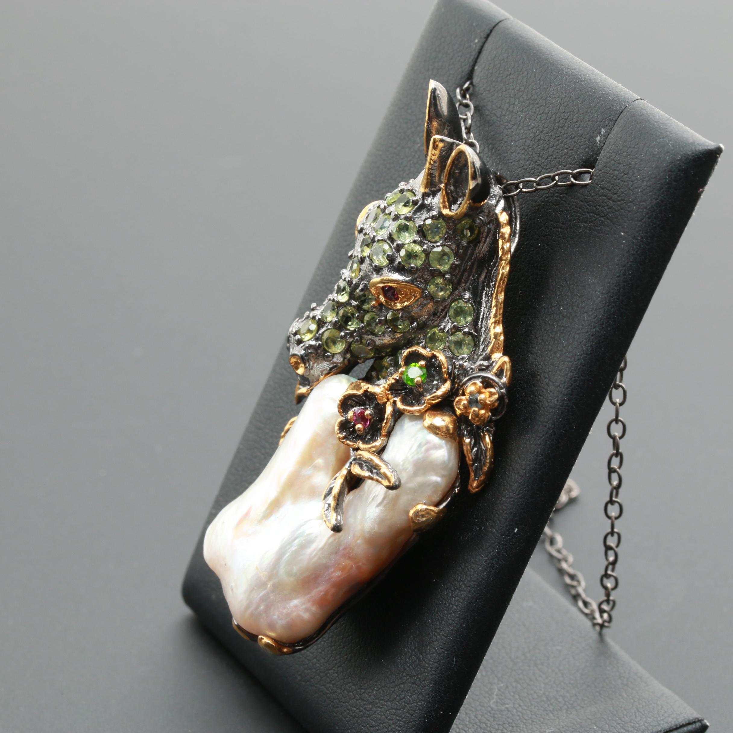 Sterling Silver Cultured Pearl and Gemstone Figural Necklace