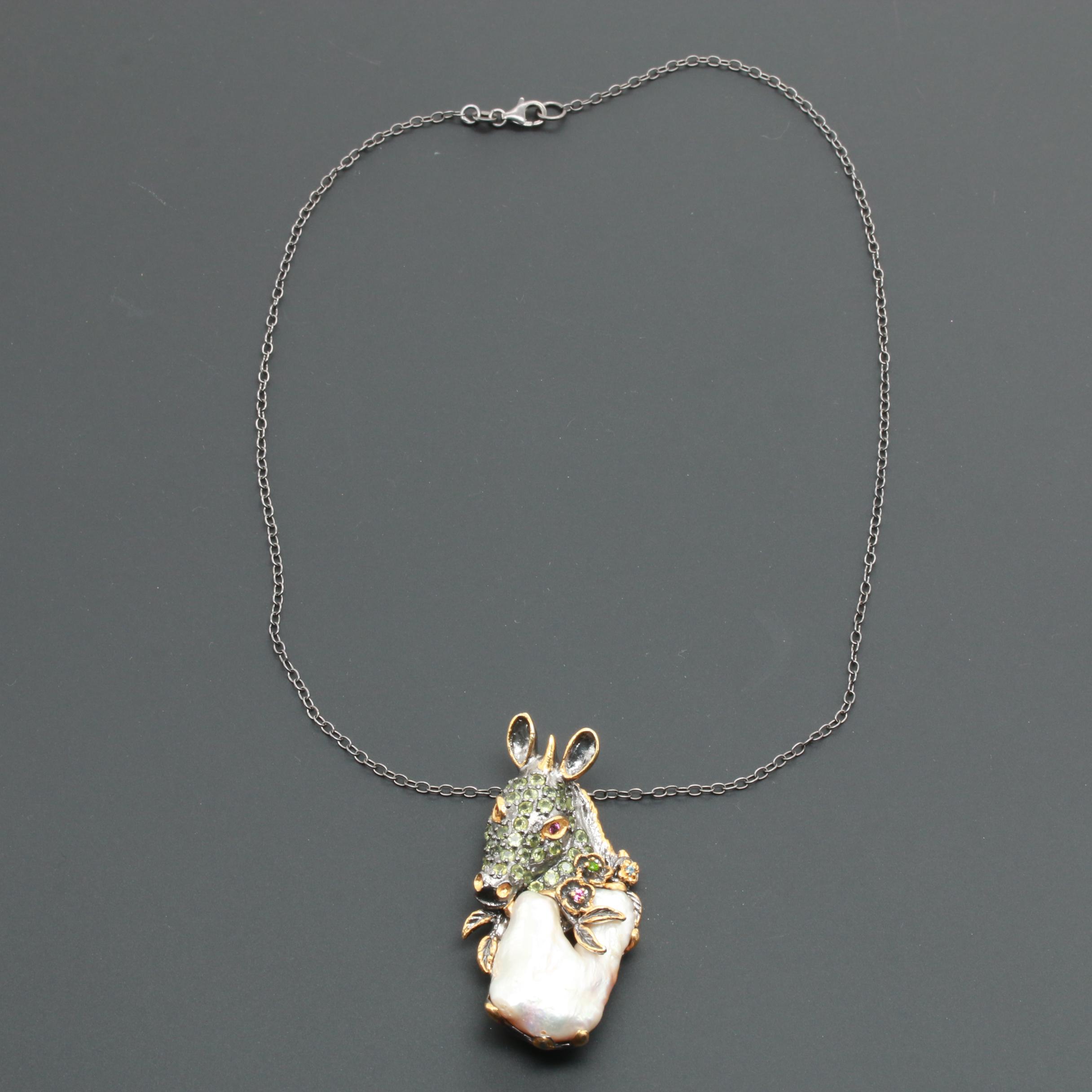 Sterling Silver Cultured Pearl and Gemstone Figural Necklace