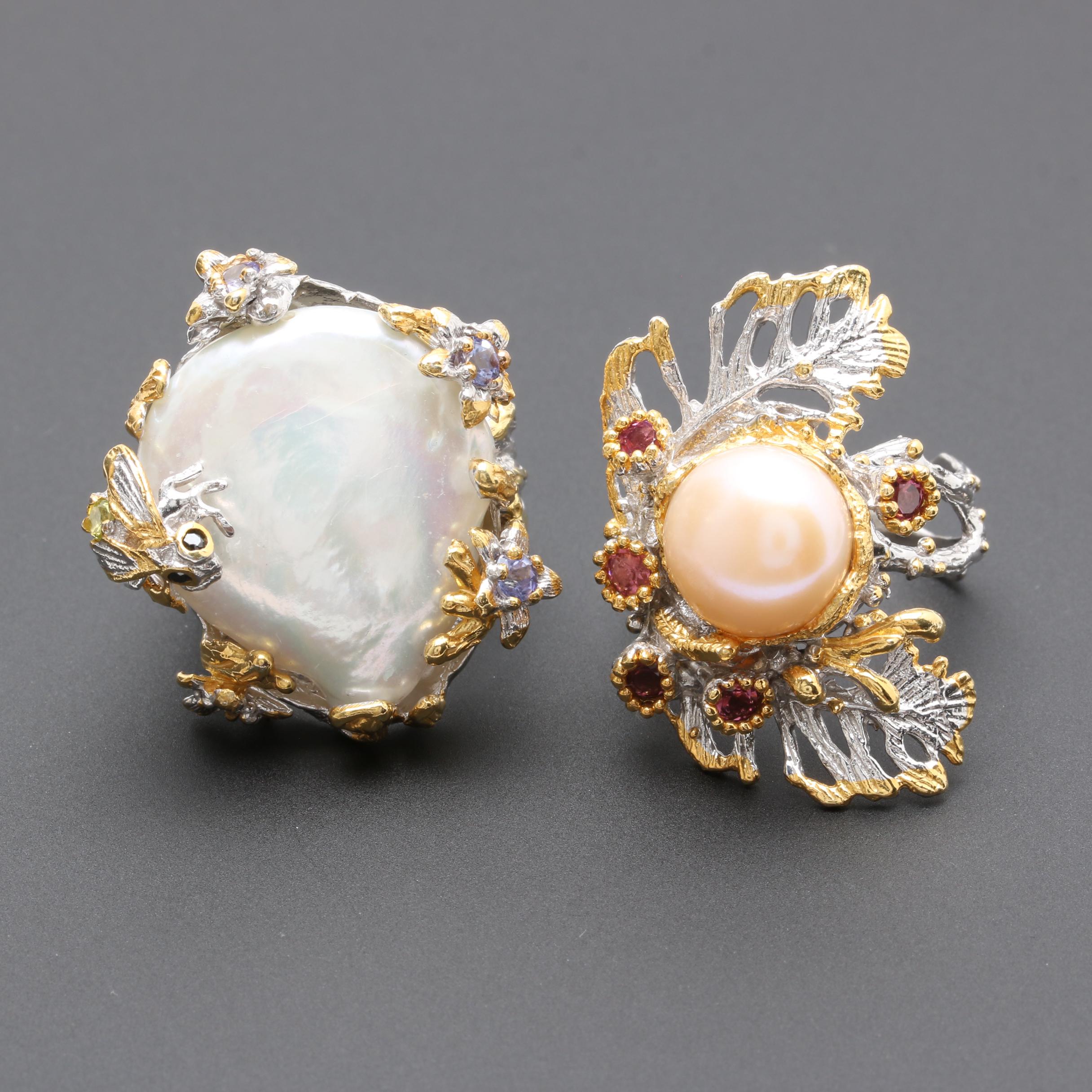 Sterling Silver Cultured Pearl Ring Selection with Tourmaline and Tanzanite