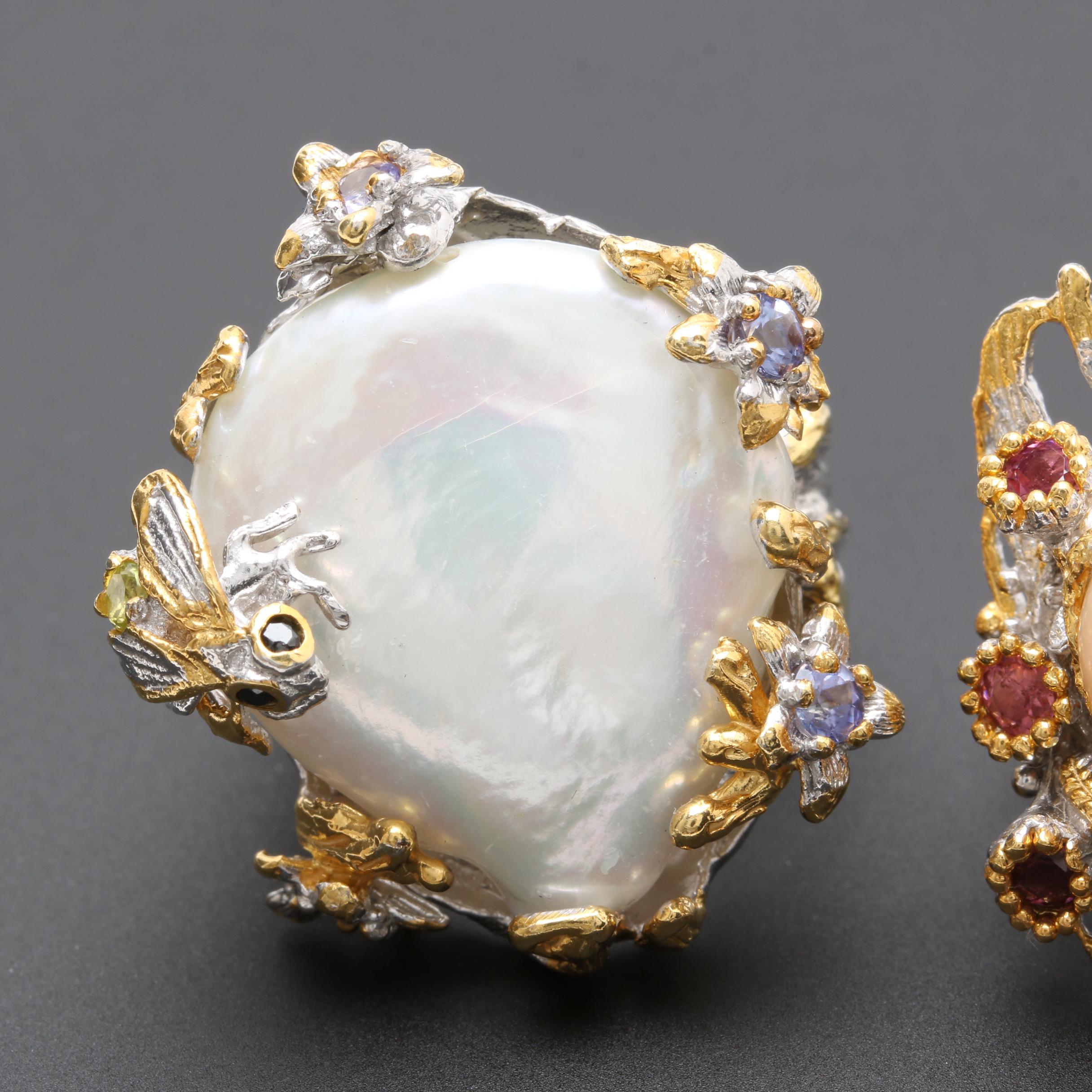 Sterling Silver Cultured Pearl Ring Selection with Tourmaline and Tanzanite