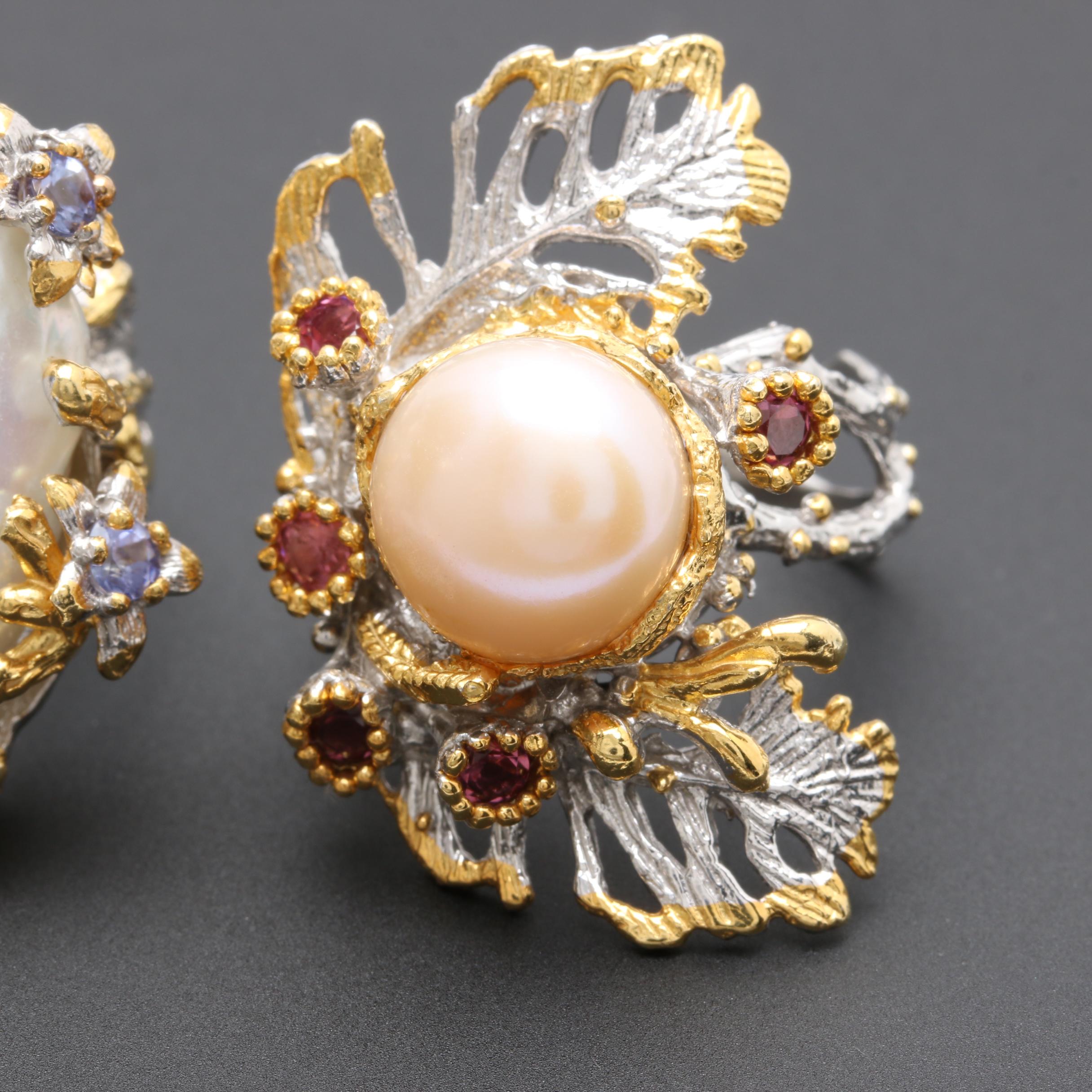 Sterling Silver Cultured Pearl Ring Selection with Tourmaline and Tanzanite