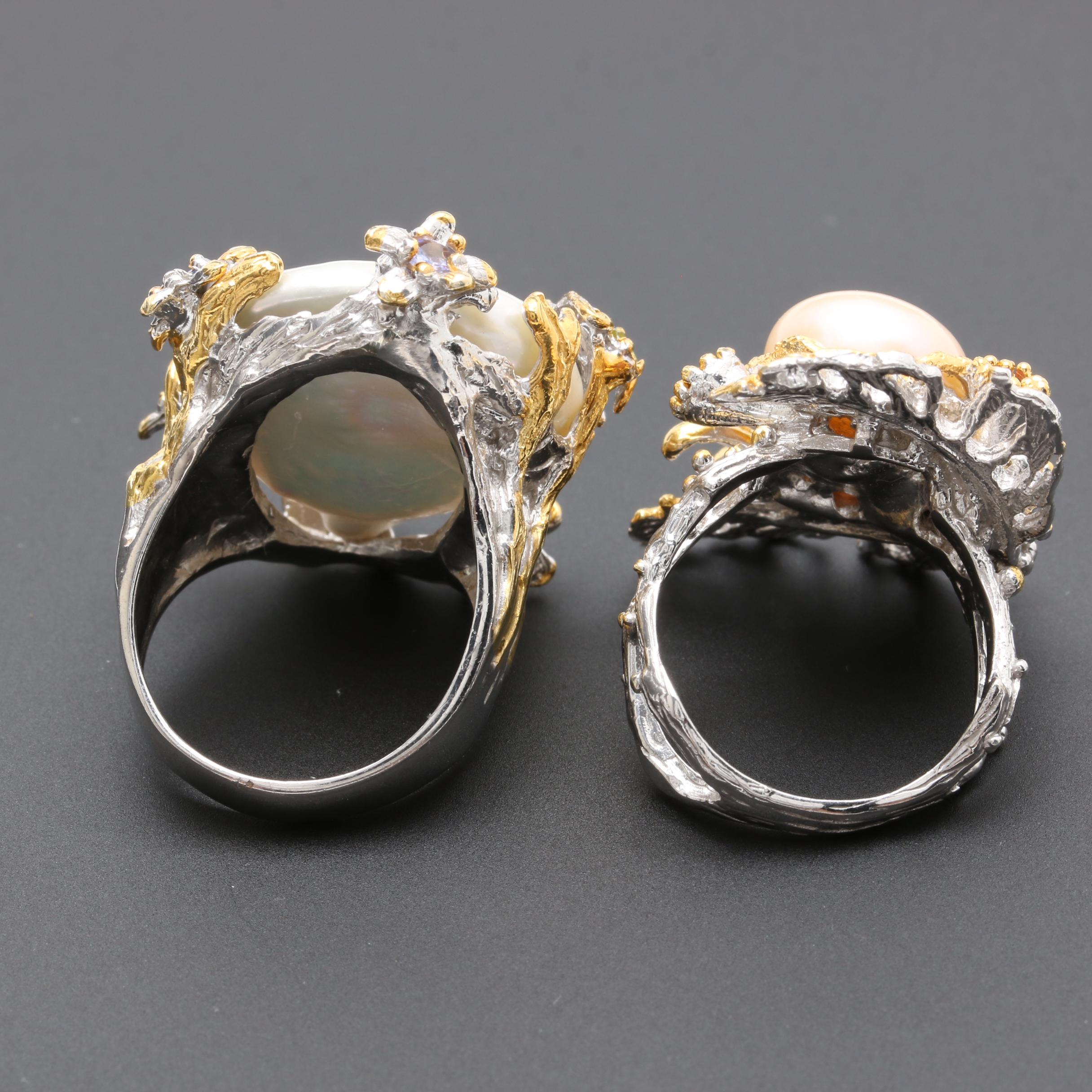 Sterling Silver Cultured Pearl Ring Selection with Tourmaline and Tanzanite