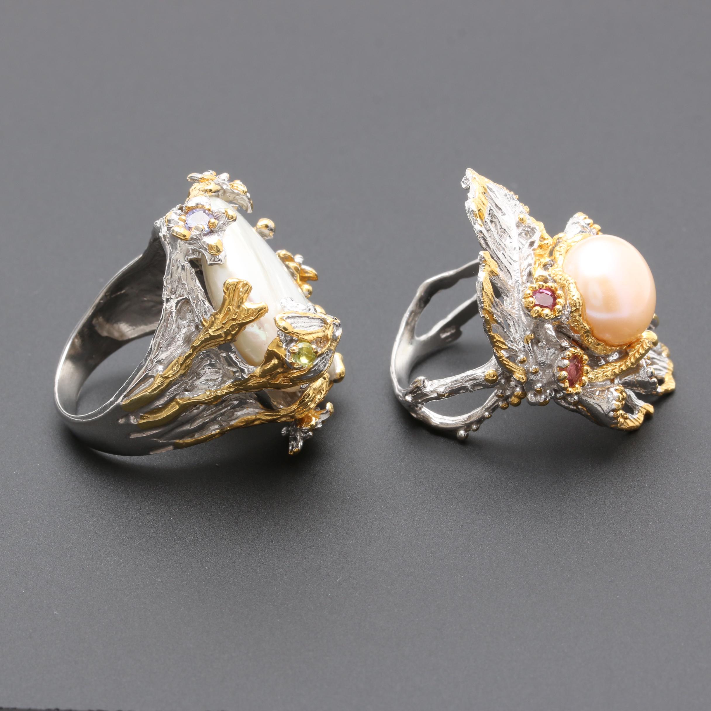 Sterling Silver Cultured Pearl Ring Selection with Tourmaline and Tanzanite