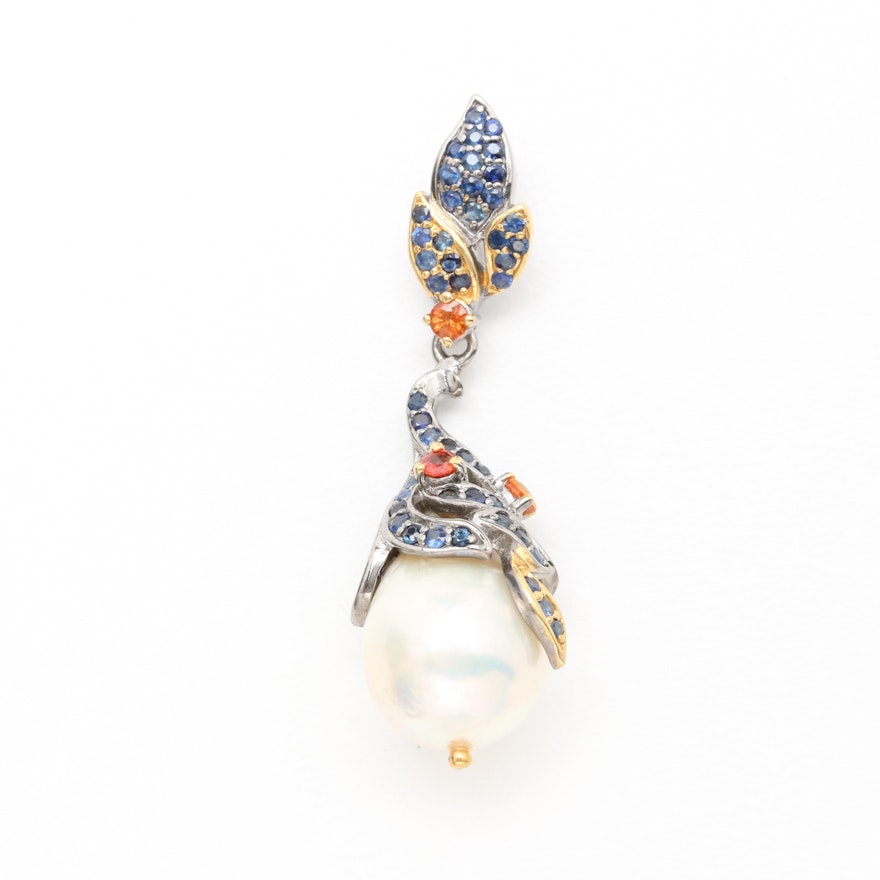 Sterling Silver Cultured Pearl and Multi Colored Sapphire Pendant
