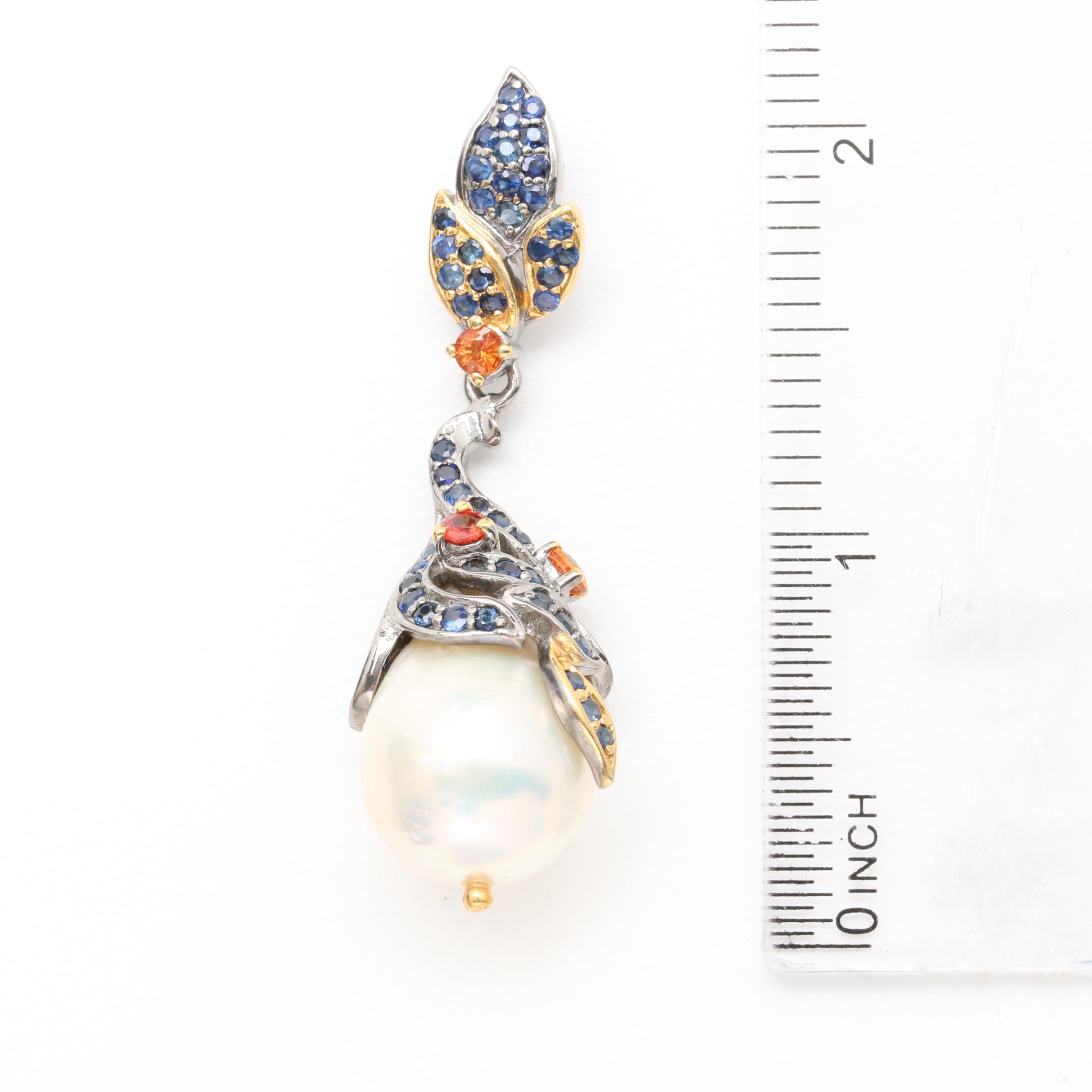 Sterling Silver Cultured Pearl and Multi Colored Sapphire Pendant