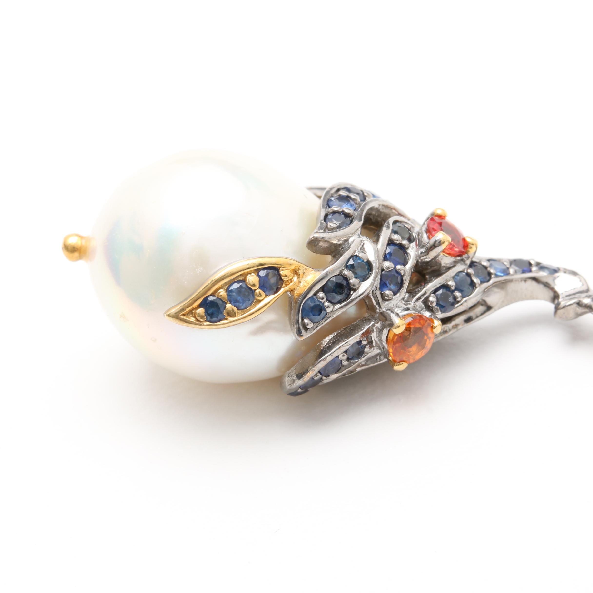 Sterling Silver Cultured Pearl and Multi Colored Sapphire Pendant