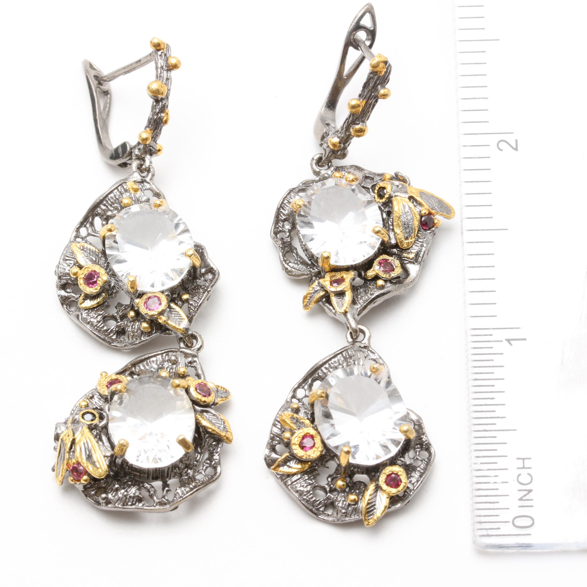 Sterling Silver Quartz, Black Onyx and Garnet Ring and Earrings