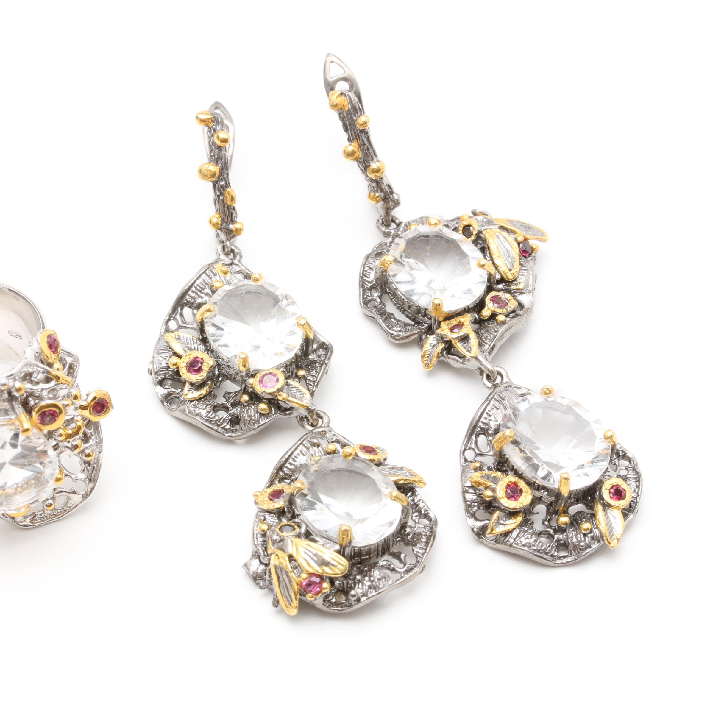 Sterling Silver Quartz, Black Onyx and Garnet Ring and Earrings