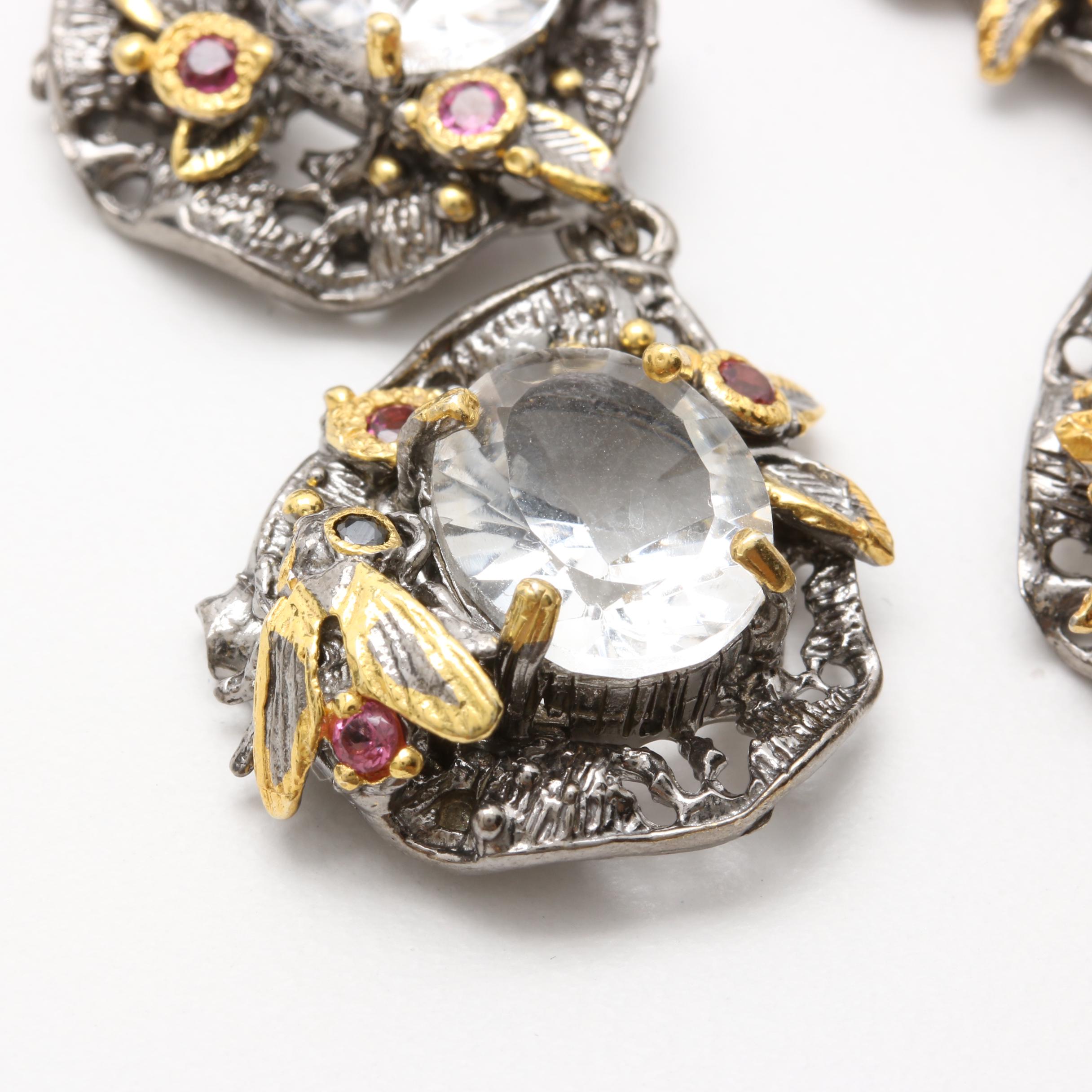 Sterling Silver Quartz, Black Onyx and Garnet Ring and Earrings