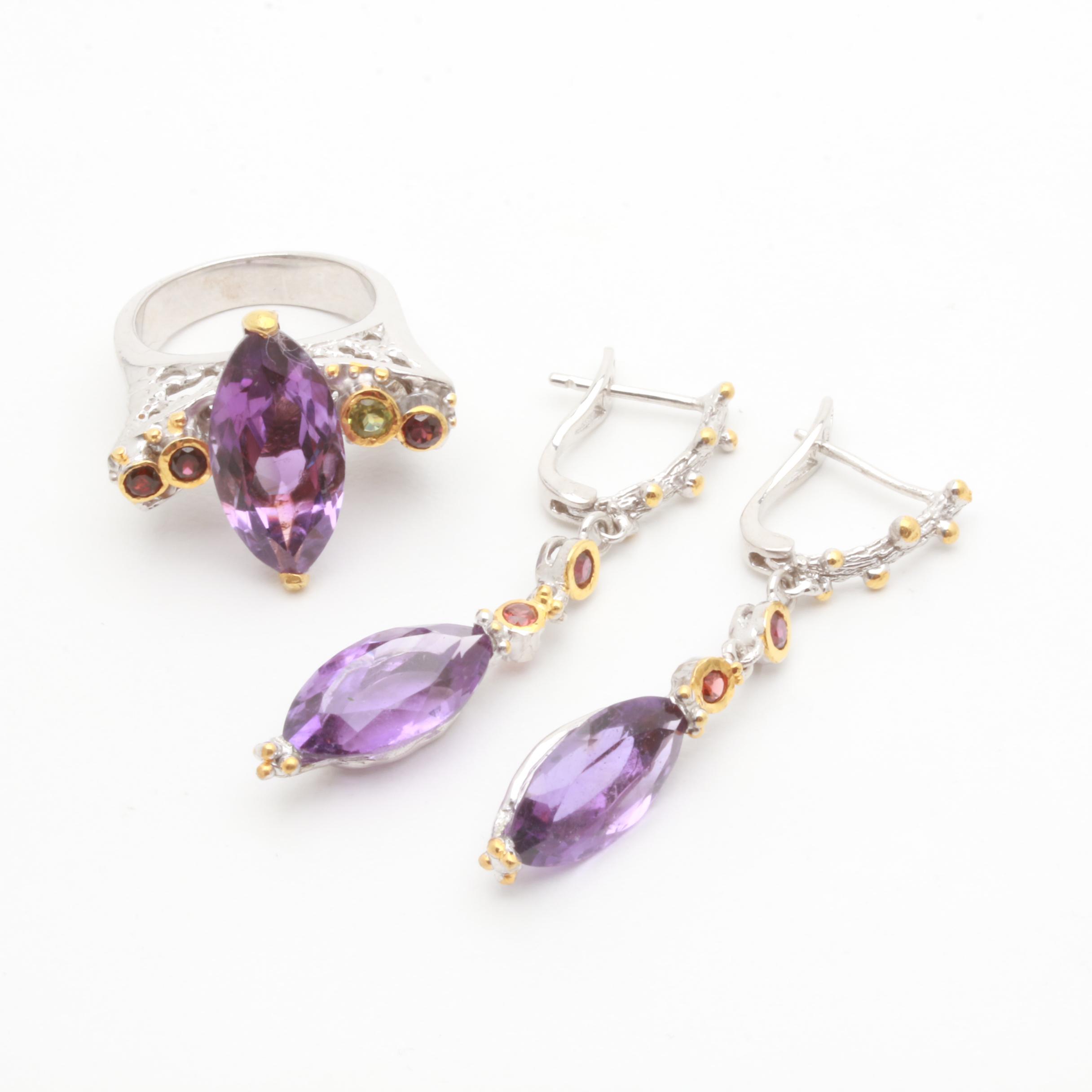 Sterling Silver Amethyst and Gemstone Demi Parure