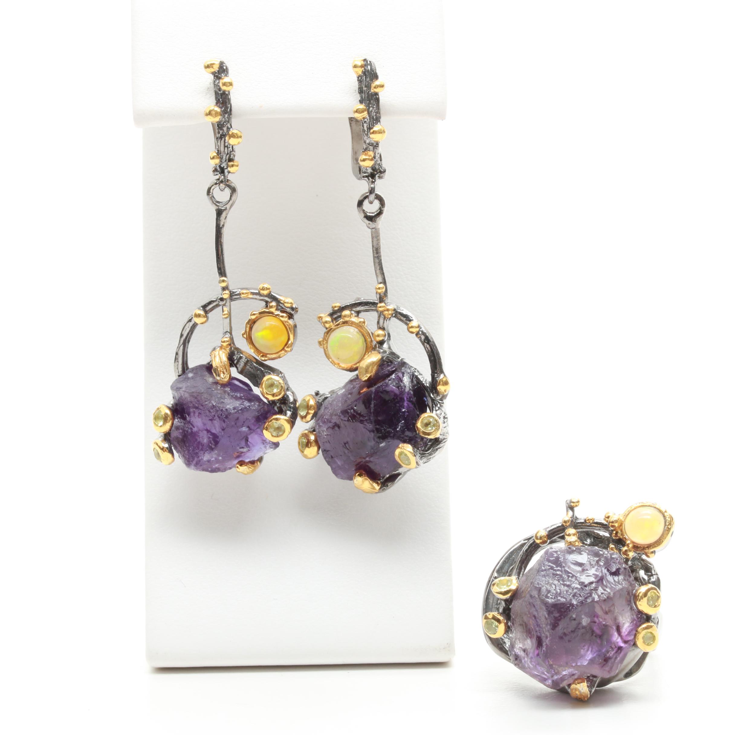 Sterling Silver Amethyst, Opal, and Peridot Demi Parure