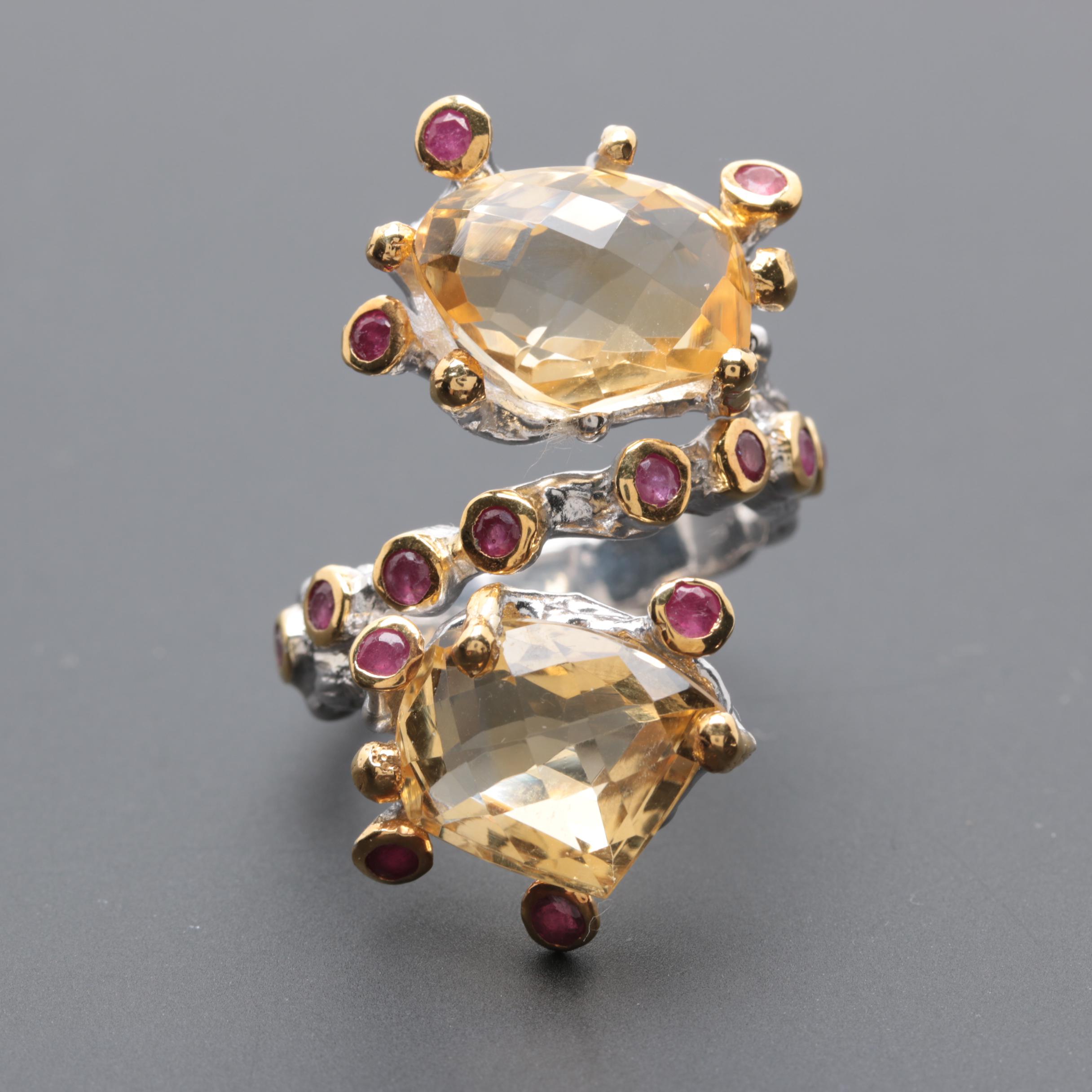 Sterling Silver Multi-Gemstone Abstract Ring and Earrings with Citrine