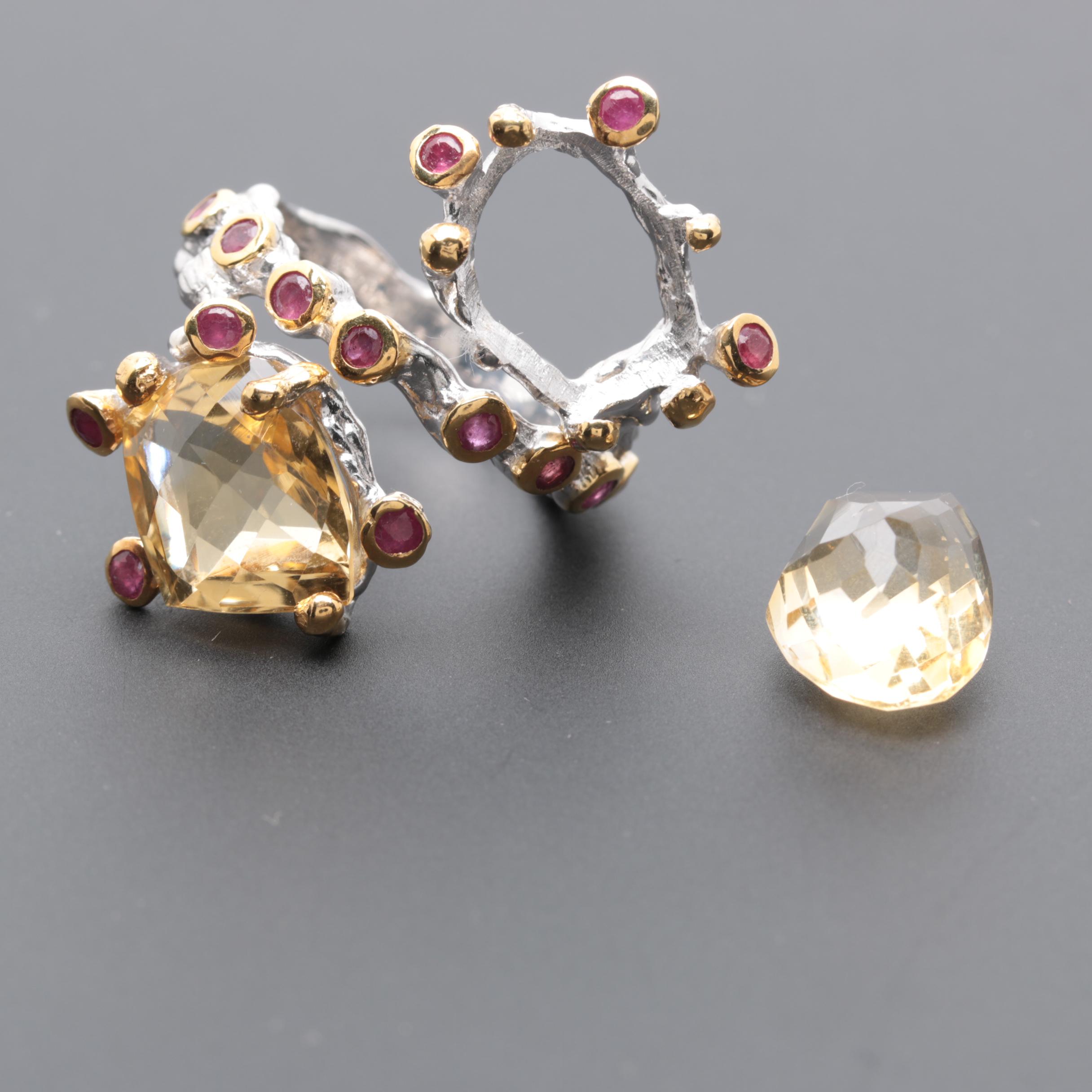 Sterling Silver Multi-Gemstone Abstract Ring and Earrings with Citrine