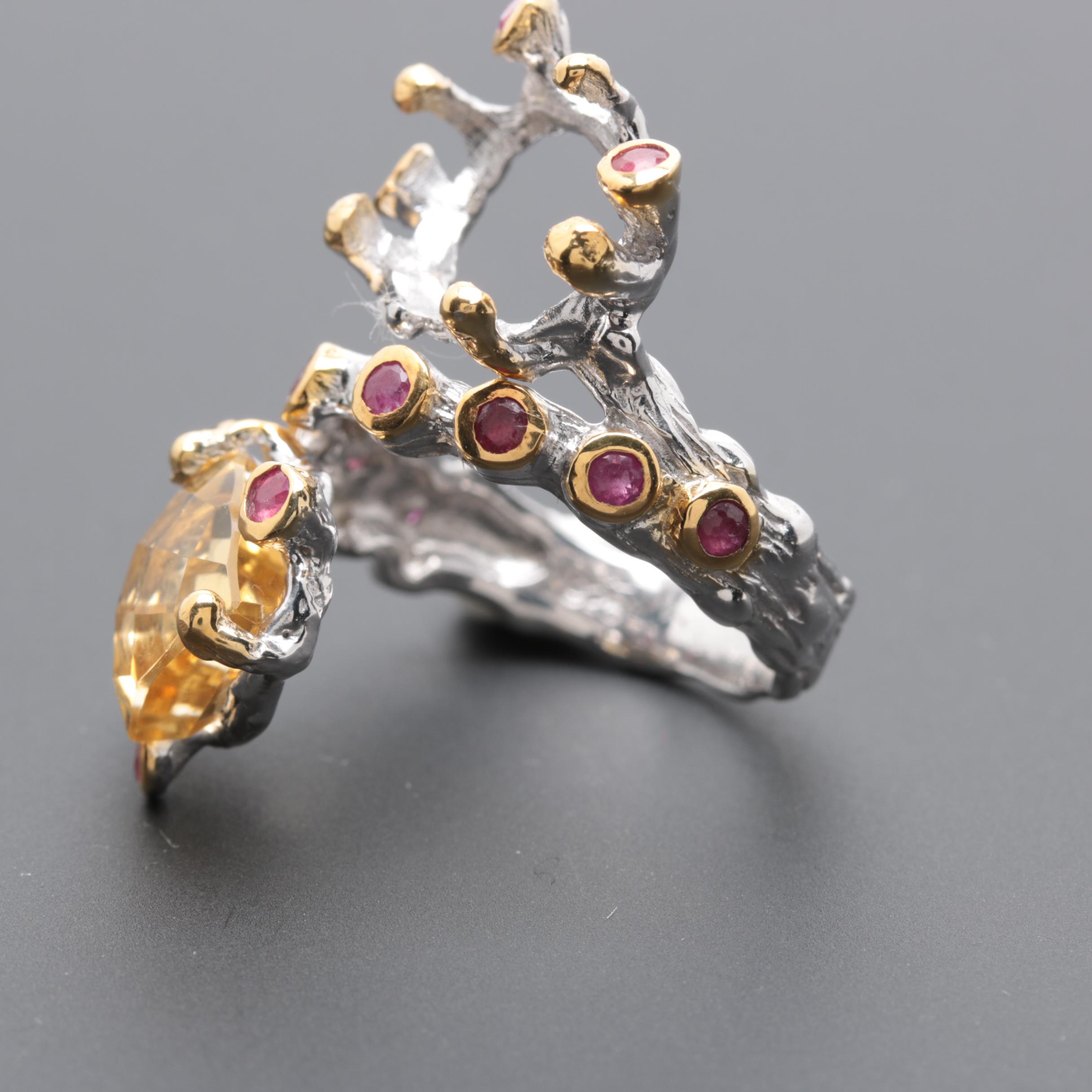 Sterling Silver Multi-Gemstone Abstract Ring and Earrings with Citrine
