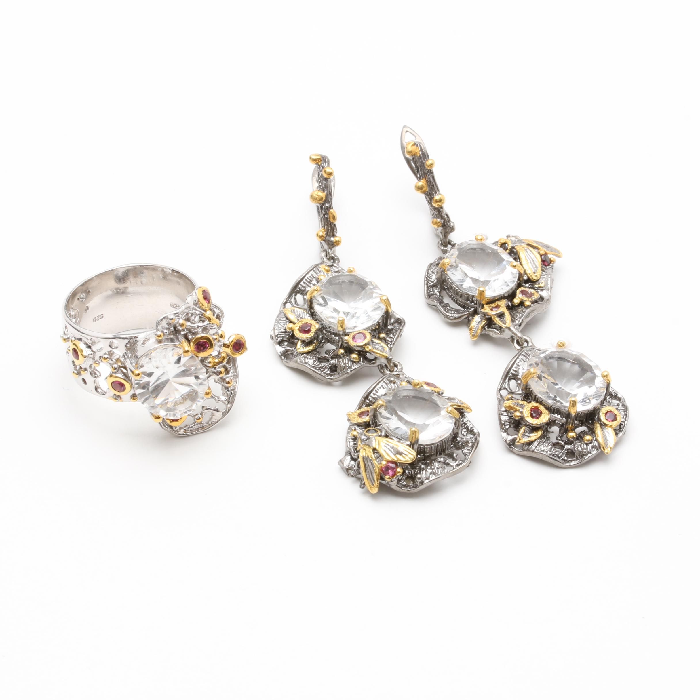 Sterling Silver Quartz, Black Onyx and Garnet Ring and Earrings