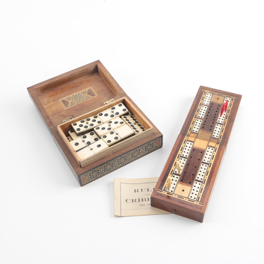 Vintage Bone and Wood Dominoes in Inlay Box and Cribbage Set