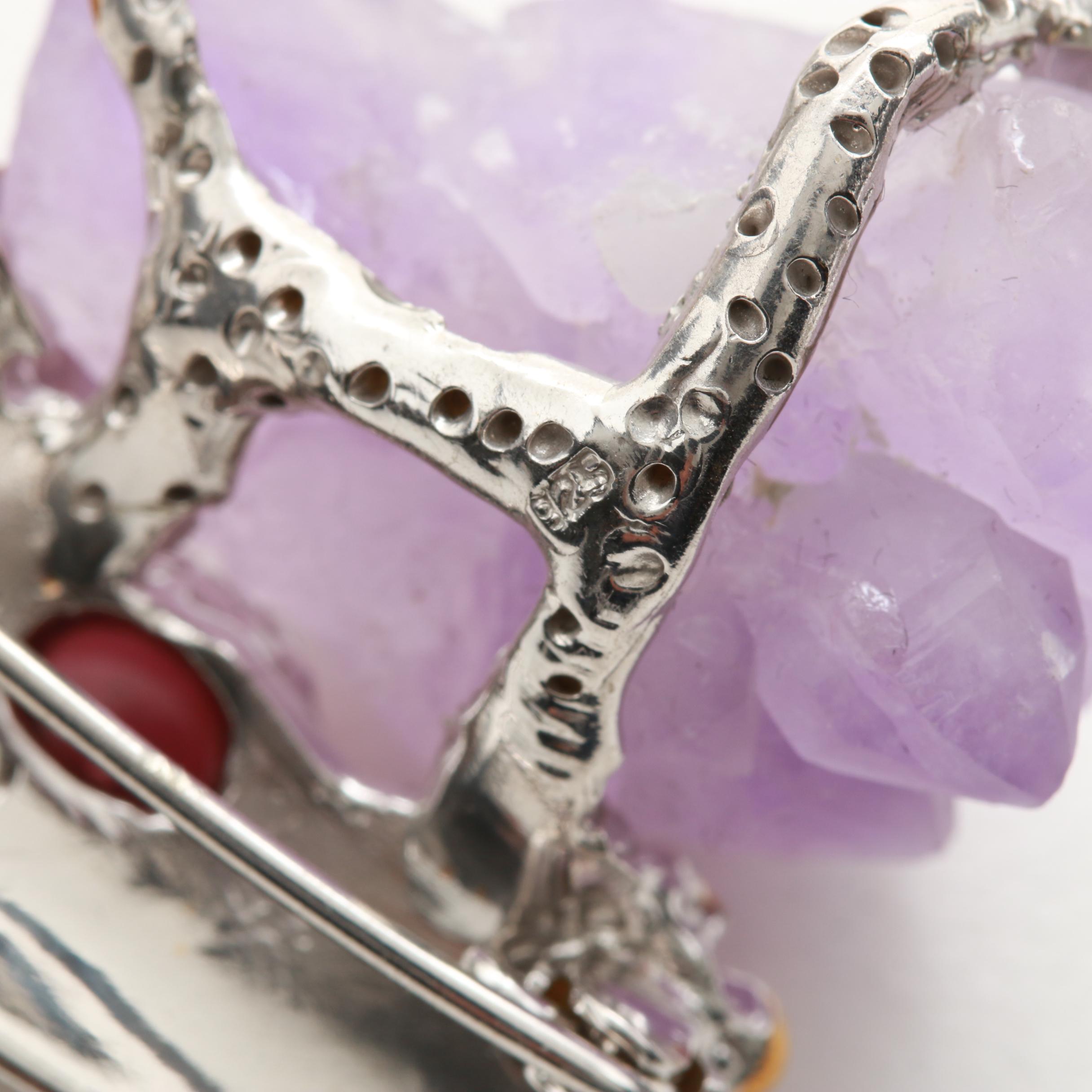 Sterling Silver Brooch Assortment Including Amethyst, Turquoise, and Quartz