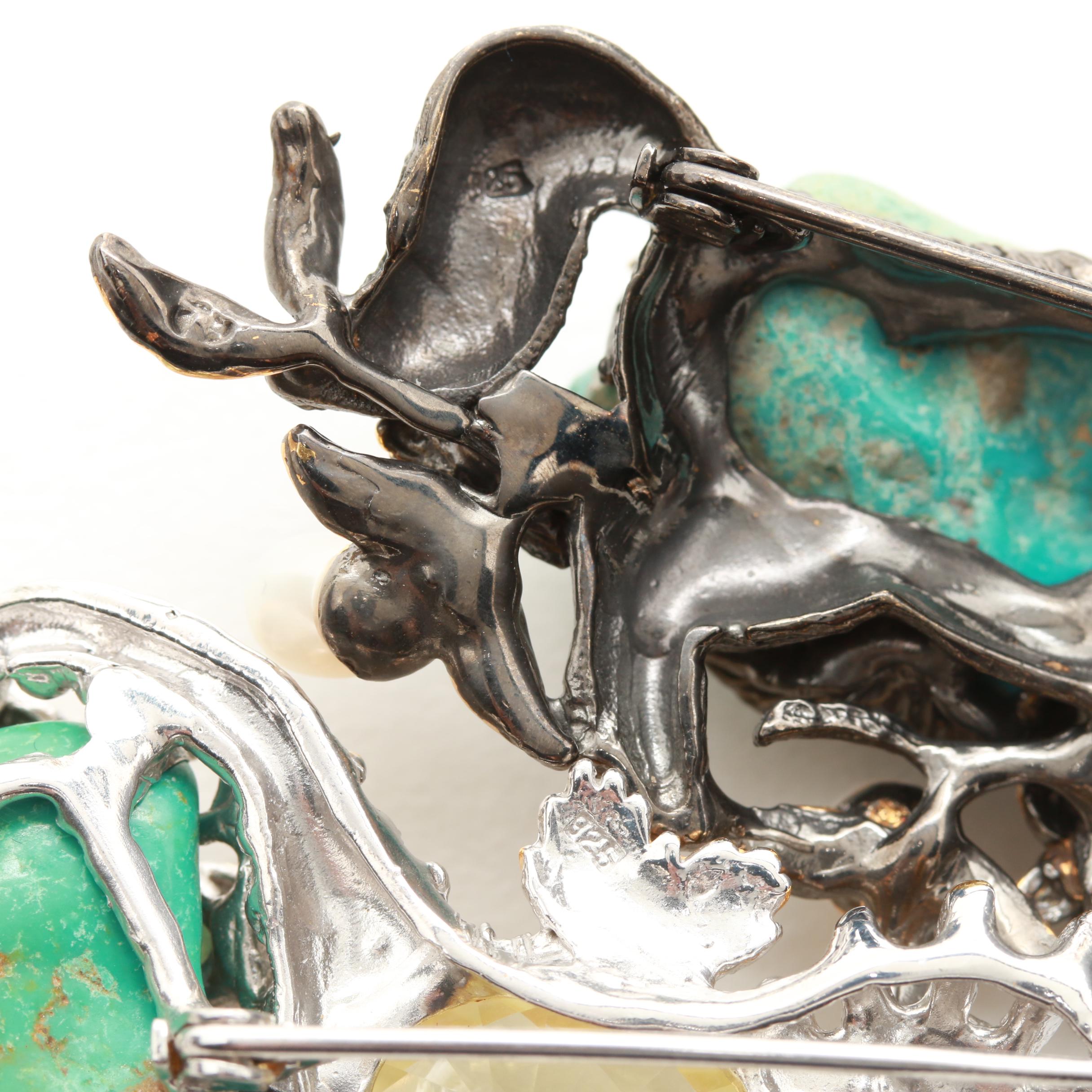 Sterling Silver Brooch Assortment Including Amethyst, Turquoise, and Quartz