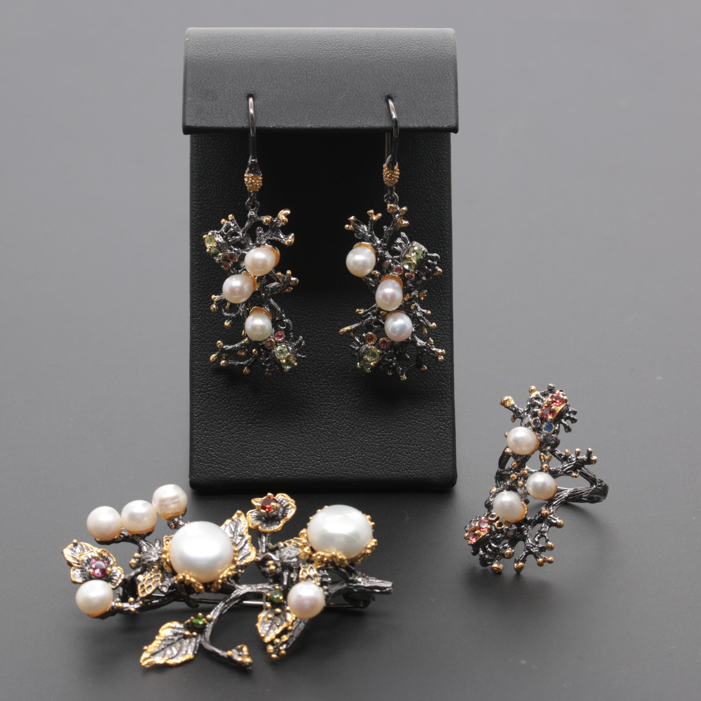Sterling Silver Cultured Pearl, Rhodolite Garnet and Sapphire Jewelry