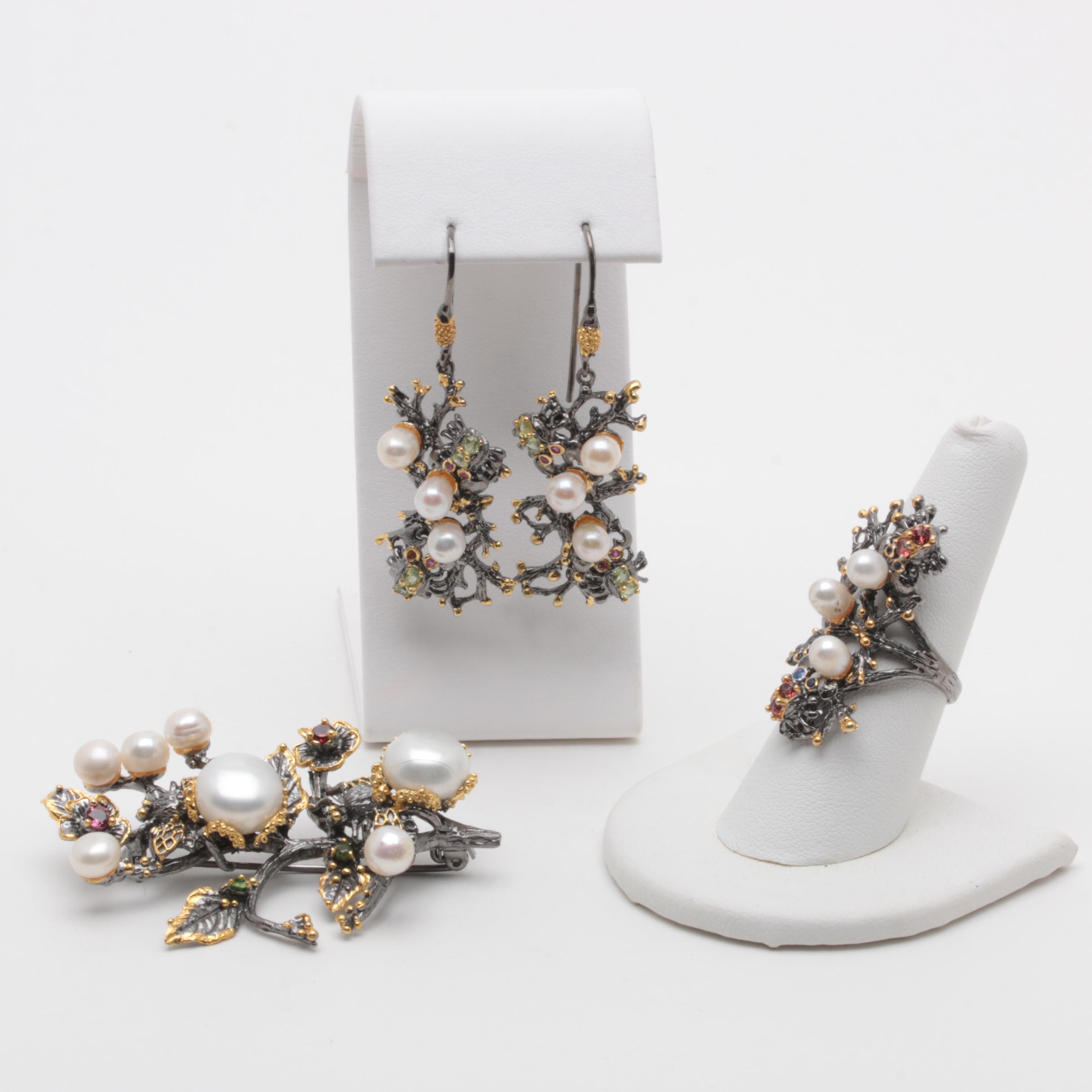 Sterling Silver Cultured Pearl, Rhodolite Garnet and Sapphire Jewelry