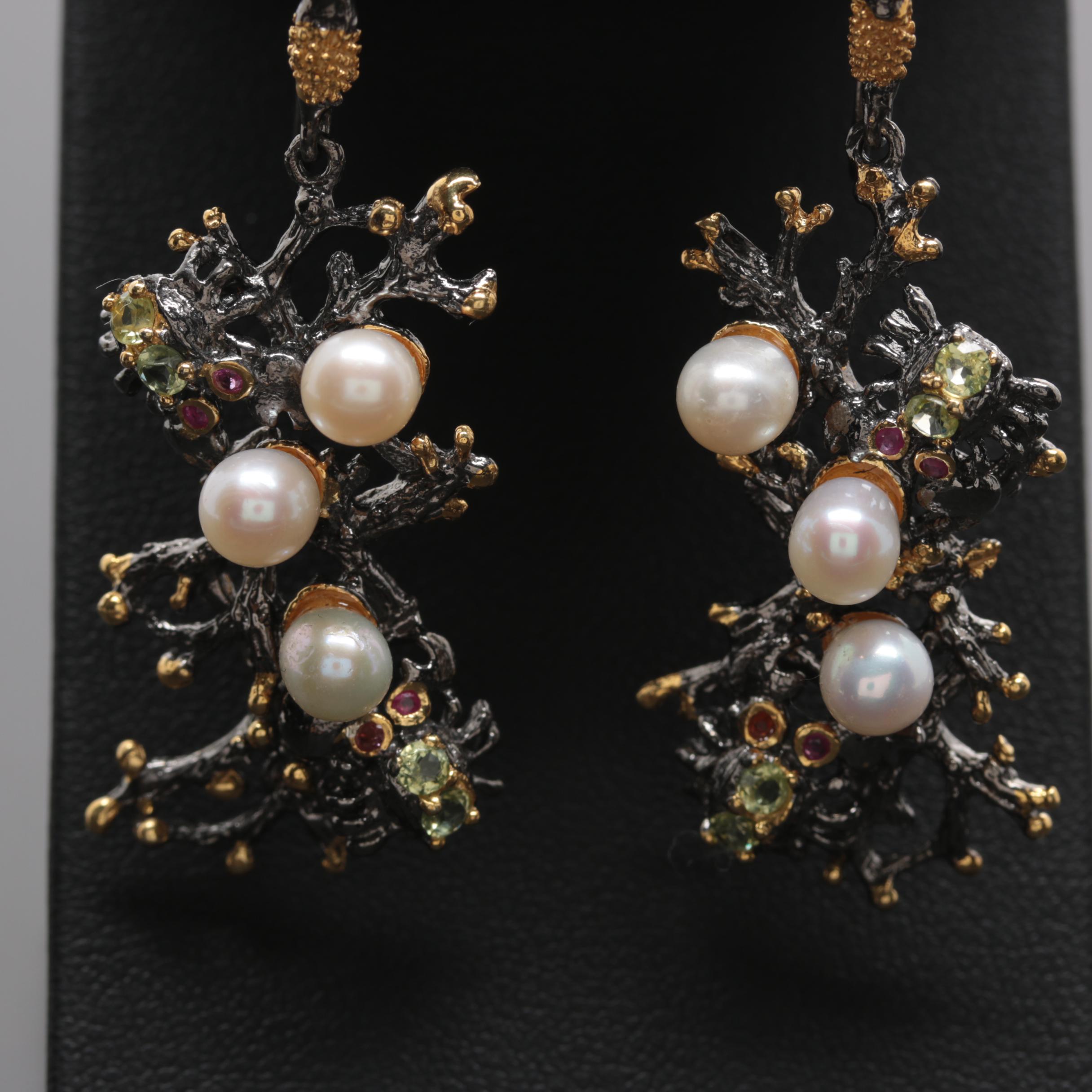 Sterling Silver Cultured Pearl, Rhodolite Garnet and Sapphire Jewelry