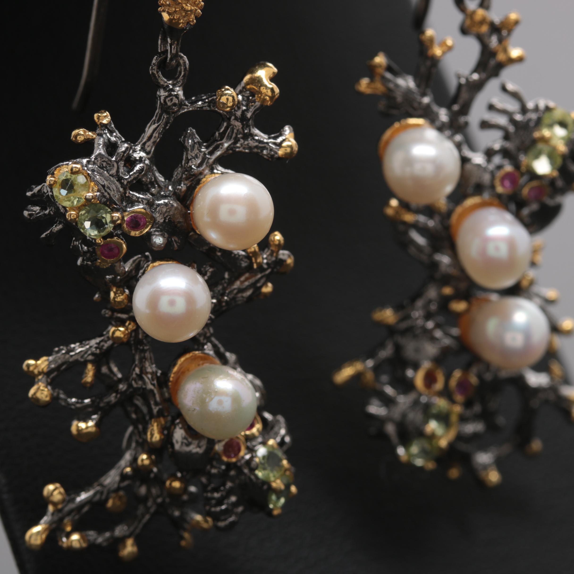 Sterling Silver Cultured Pearl, Rhodolite Garnet and Sapphire Jewelry