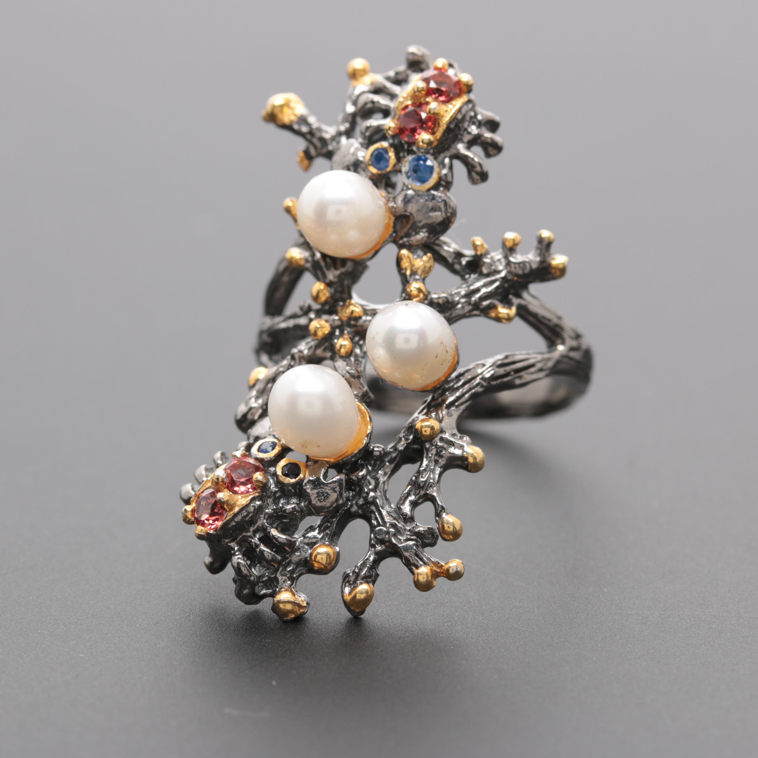 Sterling Silver Cultured Pearl, Rhodolite Garnet and Sapphire Jewelry