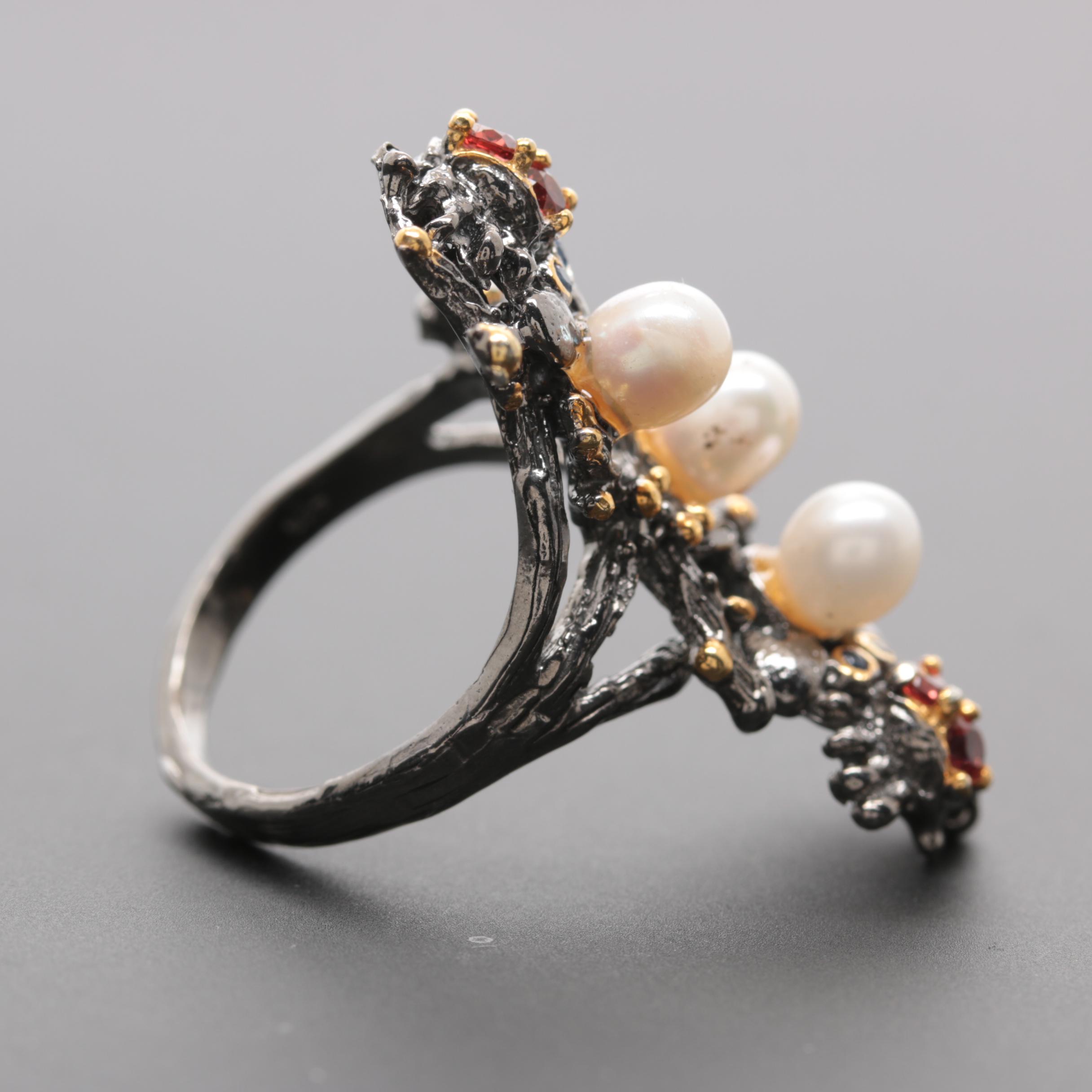 Sterling Silver Cultured Pearl, Rhodolite Garnet and Sapphire Jewelry