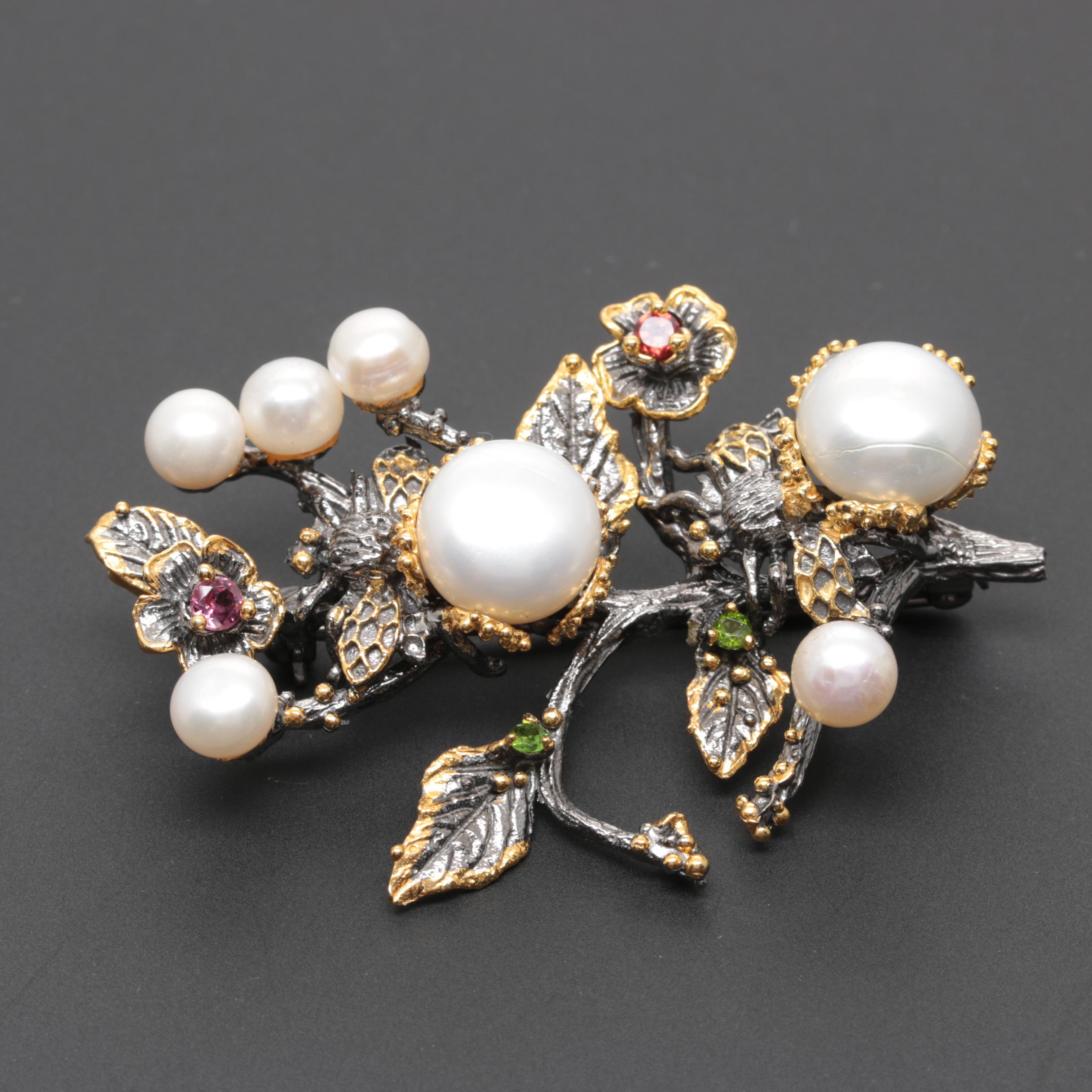 Sterling Silver Cultured Pearl, Rhodolite Garnet and Sapphire Jewelry