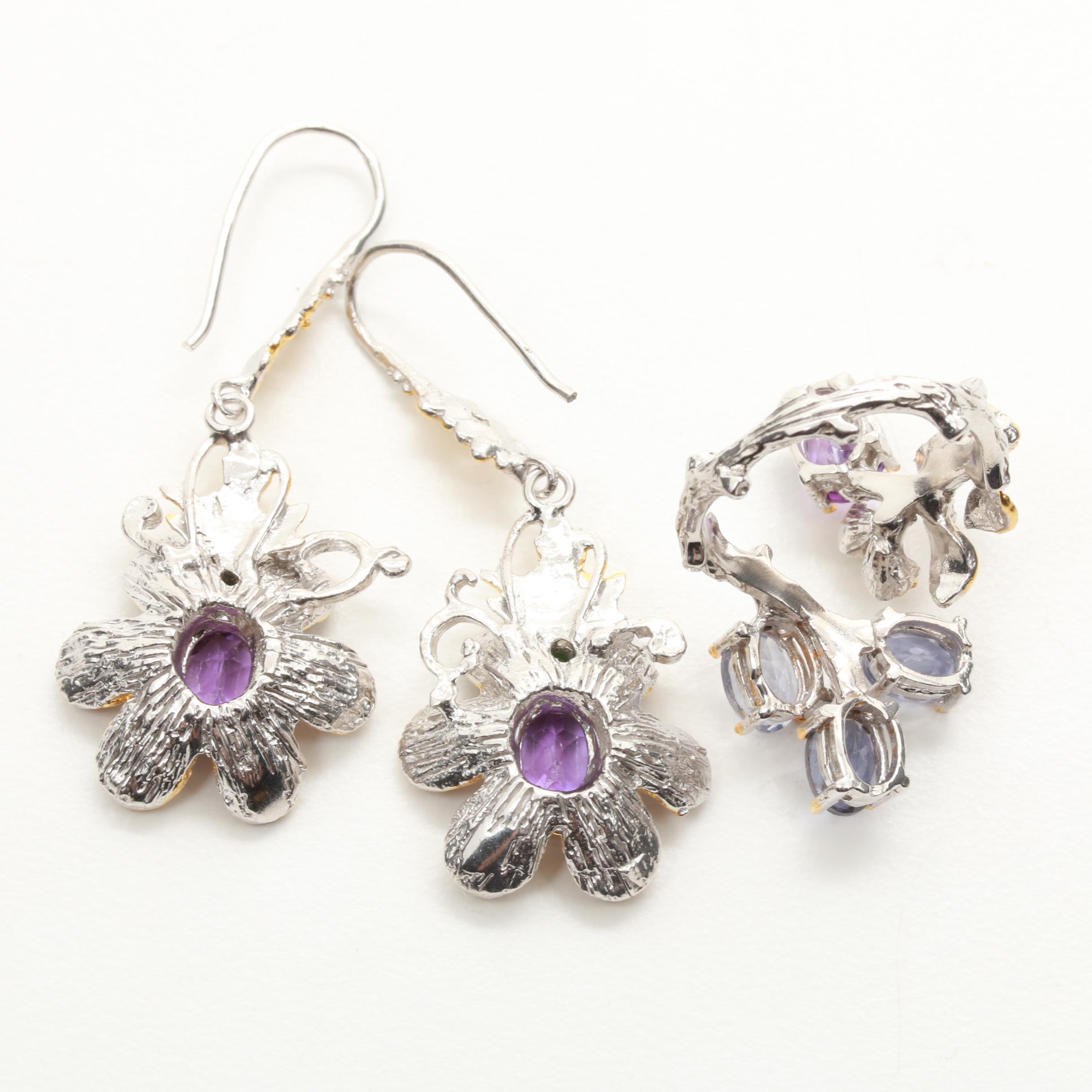 Sterling Silver Amethyst, Citrine, Chrome Diopside, and Iolite Demi Parure