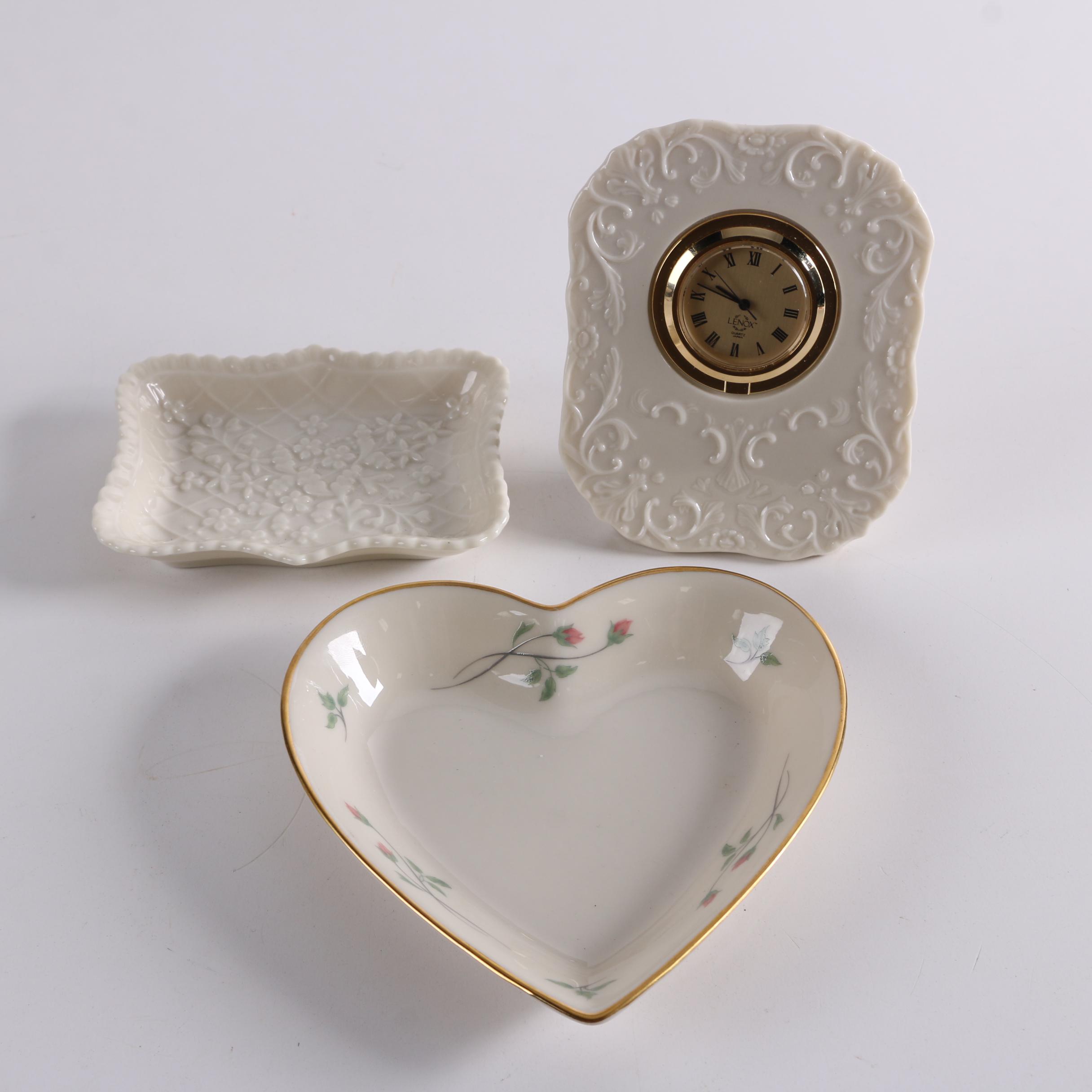 Lenox "Georgian Collection" Clock with "Rose Manor" and "Wedding Promises" Trays